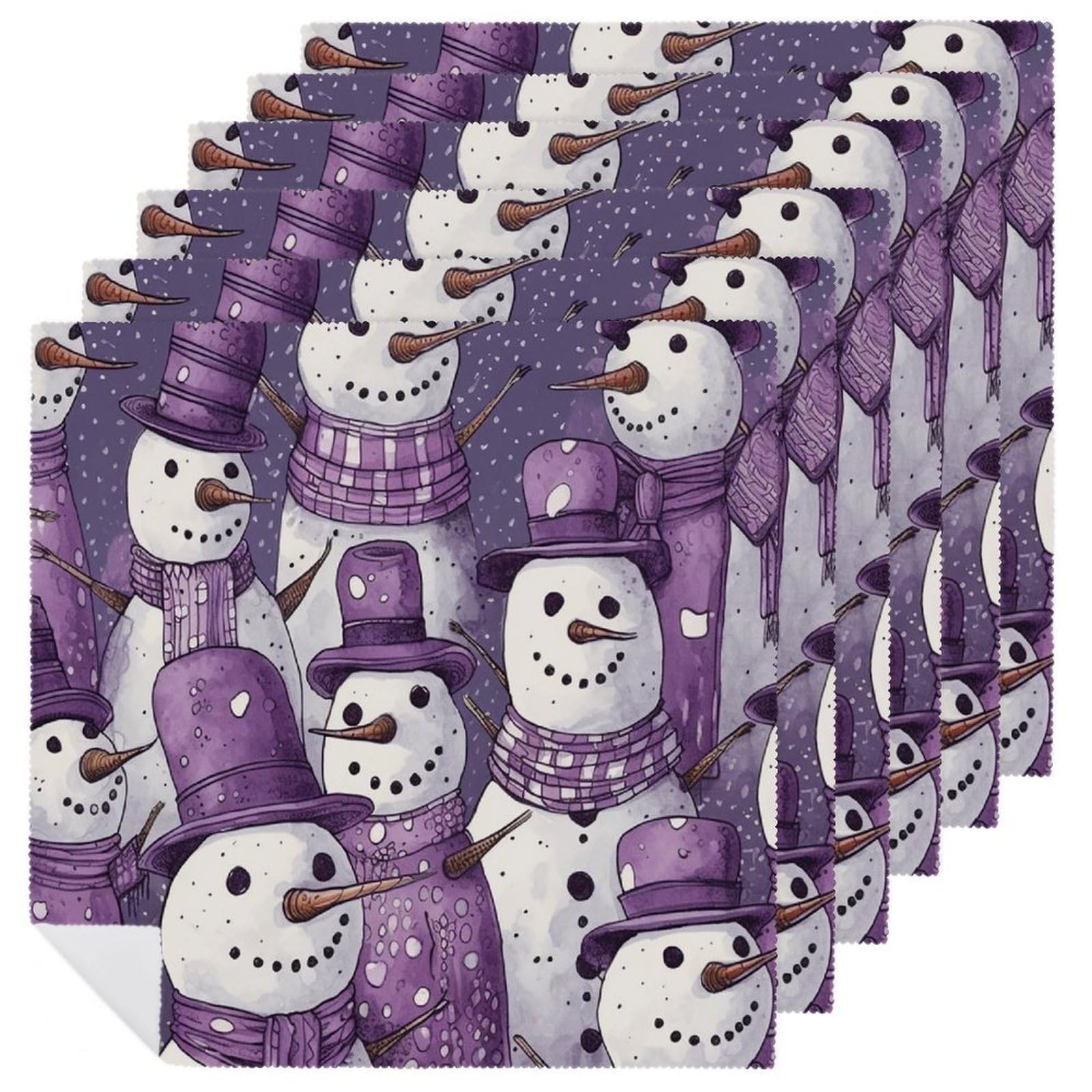 Servilletas de tela navideñas lavables y desechables con muñeco de nieve morado