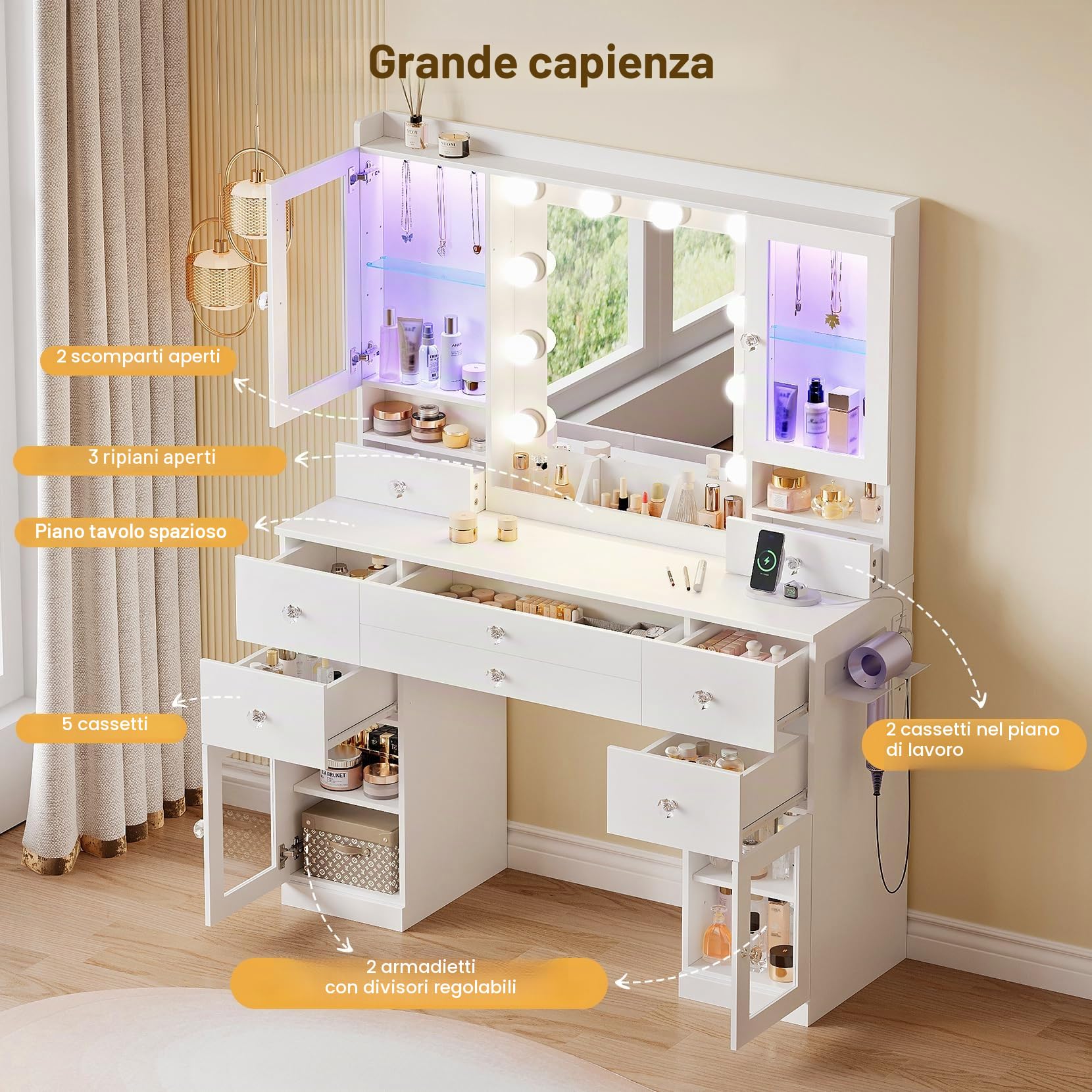 Dripex Tavolo da Toeletta con 10 Sfere LED e Prese, Specchio e 2 Vetrine Trasparenti con RGB, 7 Cassetti, Bianco