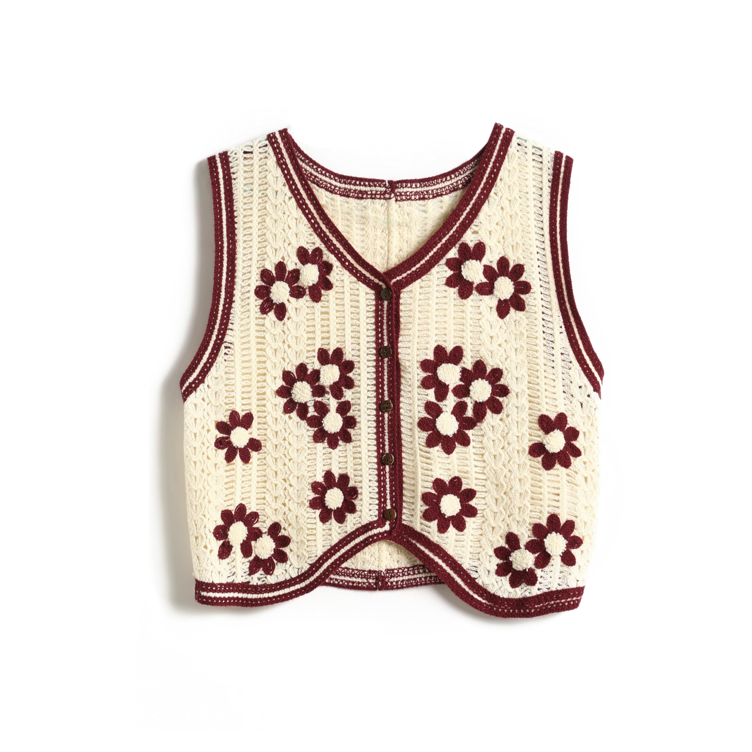 Womens Crop Crochet Vest Top Summer Button V Neck Embroidered Knit Sleeveless Sweater Vest