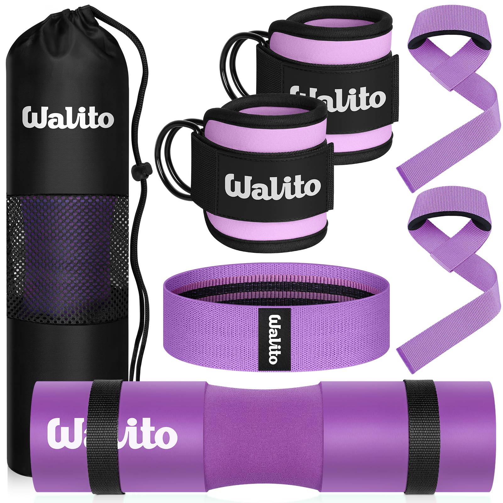 WALITO 8Pcs Barbell Pad Set for Hip Thrust - Squat Pad,Gym Accessories for Women with Bar Bad,Bench Press, with Gym Ankle Straps,Resistance Bands for Working Out,Lifting Strap,Carry Bag