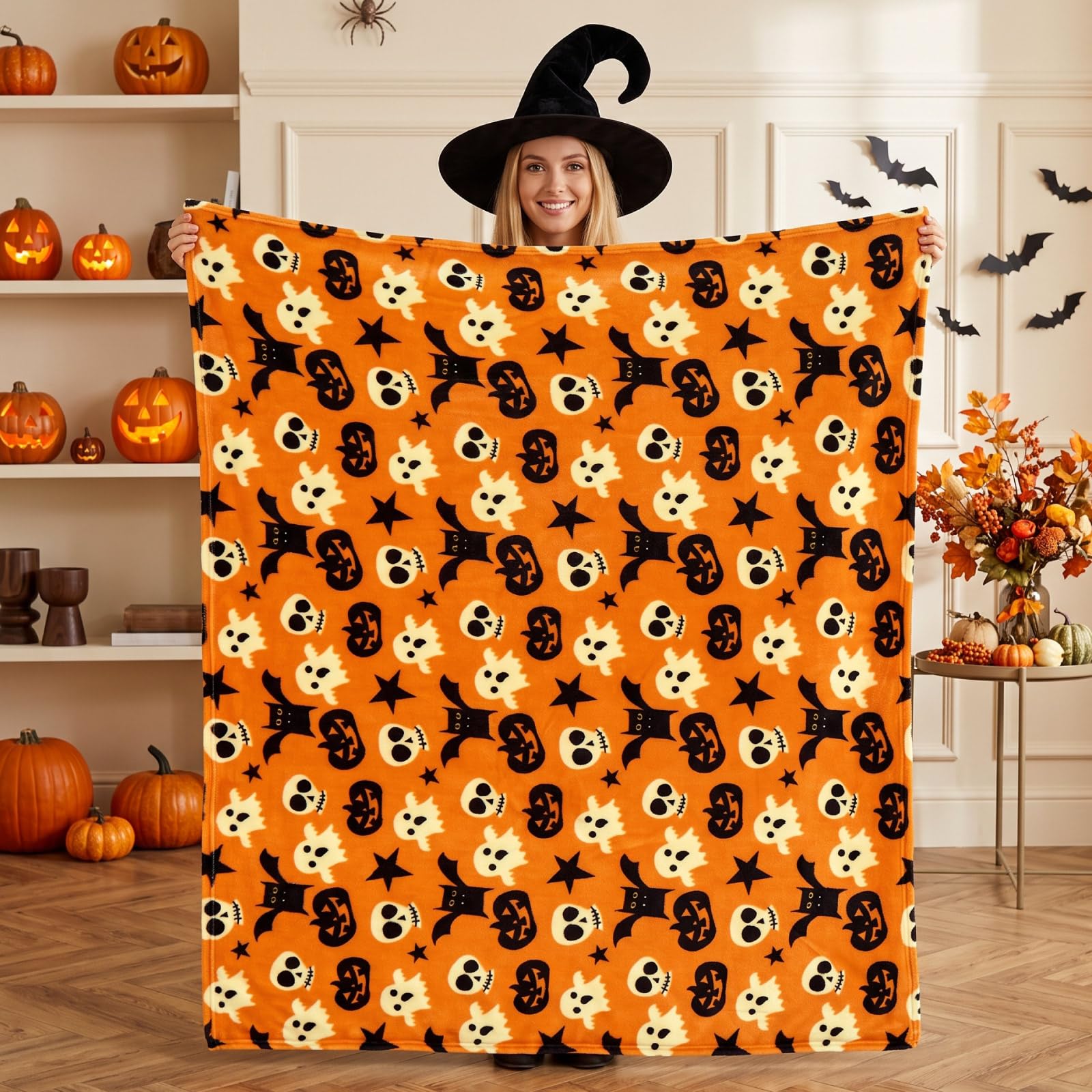 BEDELITE Halloween Fluffy Fleece Blanket Autumn Throw,Classic Pumpkin & Bat — image 1