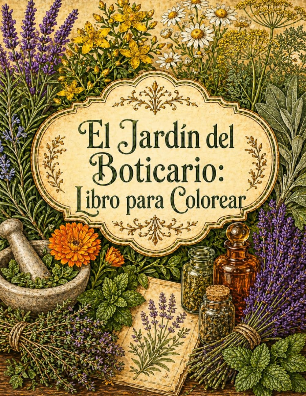 El Jardín del Boticario: Libro para Colorear: 60 ilustraciones botánicas de plantas medicinales con nombres en latín — hierbas, raíces, flores, semillas y corteza con objetos de boticario para adultos
