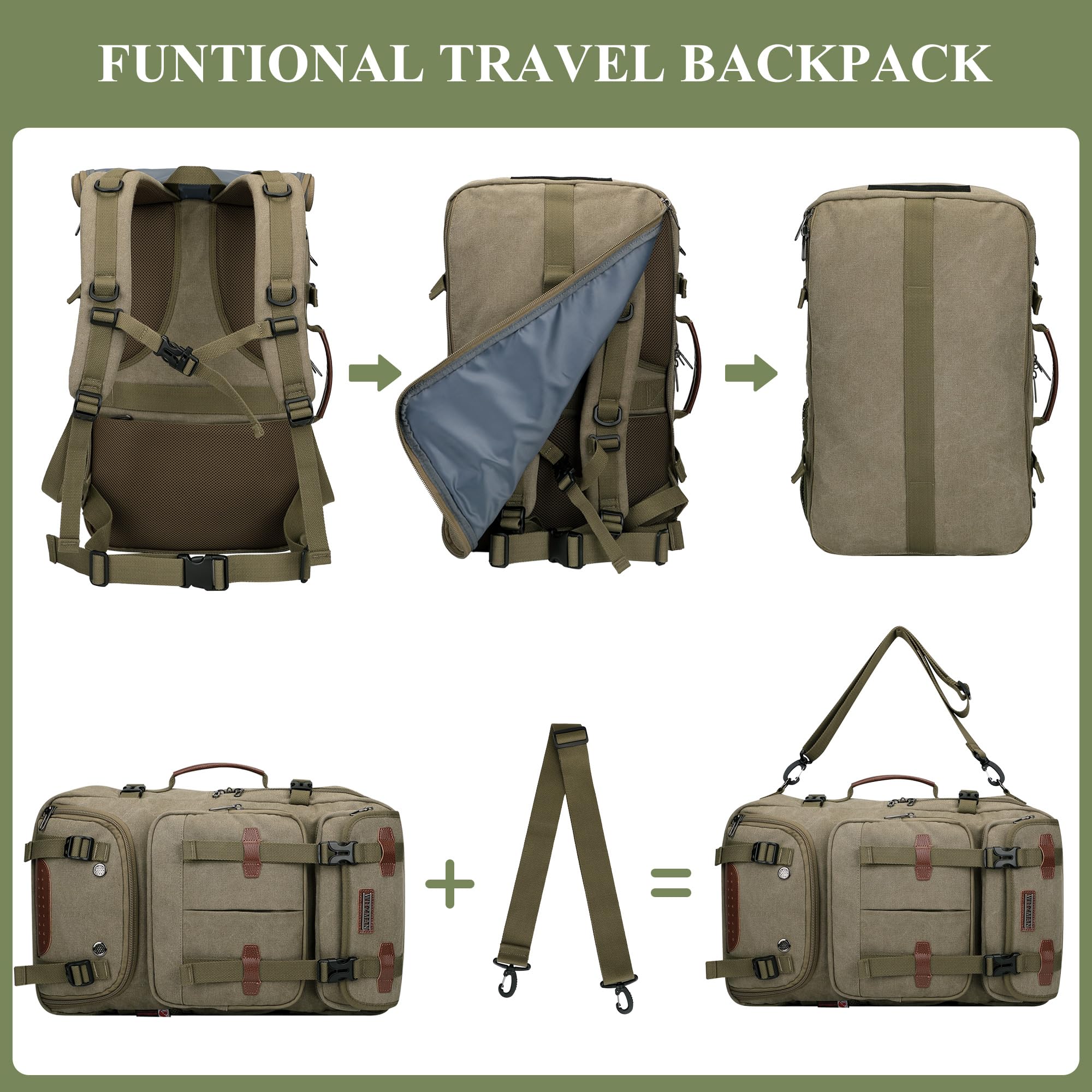 WITZMAN Canvas Reiserucksack Herren 40L Vintage 3-in-1 mit Laptopfach | USB-Anschluss, mehrere Fächer und flexible Tragemöglichkeiten, ideal für Reisen, Arbeit und Kurztrips, A8013 Armeegrün