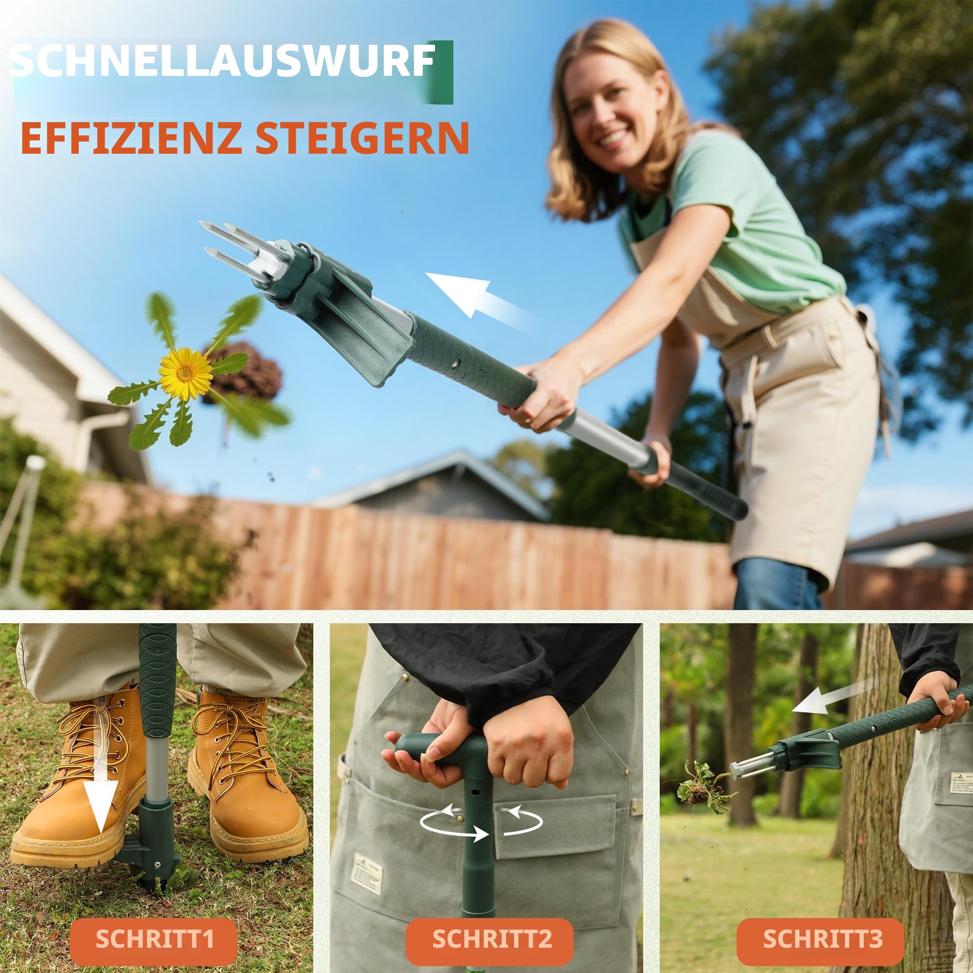 ORIENTOOLS Unkrautabzieher Weeder Handwerkzeug mit 3 Krallen für Löwenzahn, Stahl Twist Hand Unkrautwurzel Ziehwerkzeug, 100cm Langer Griff, Rasen, einfacher Wurzelentferner, Gartengerät