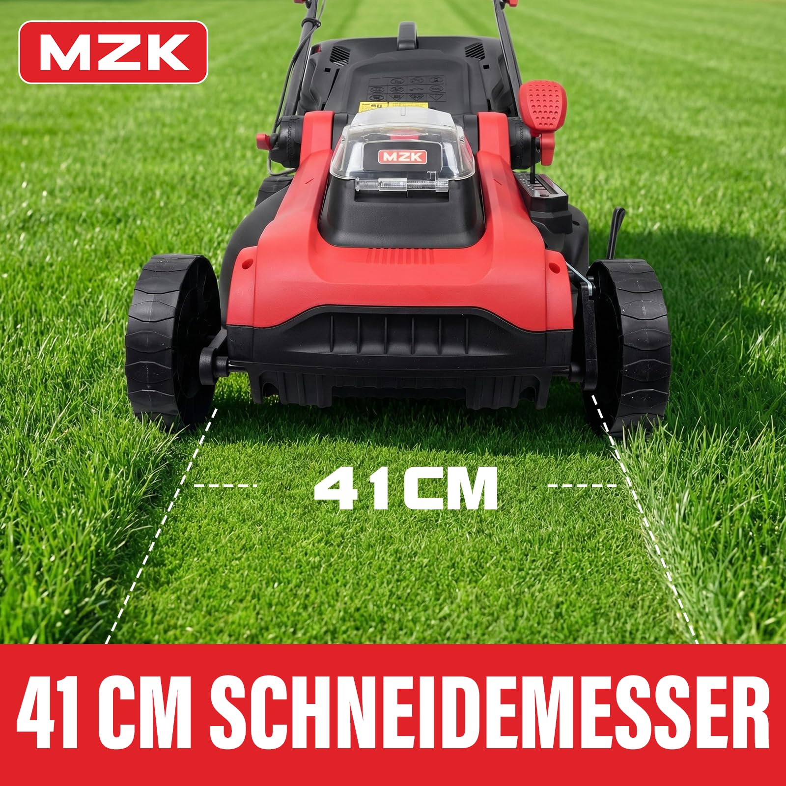 MZK 40V Akku-Rasenmäher, 41 cm Schnittbreite, 2-in-1 Bürstenloser Akku-Rasenmäher, Schiebemäher mit 5-facher Schnitthöhenverstellung, inkl. 2 x 4,0 Ah Akkus & Ladegerät