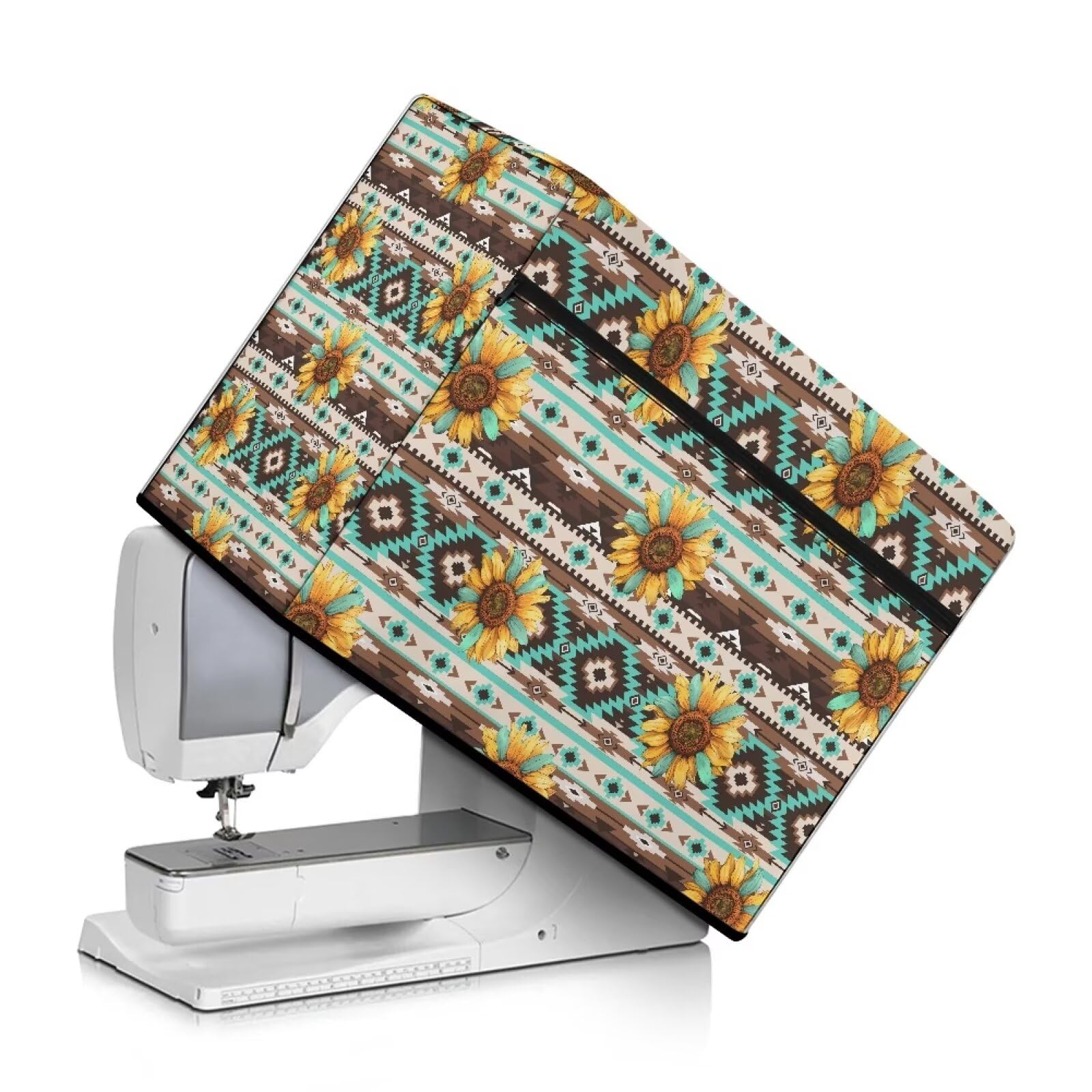 Suhoaziia Aztec Tribal Sunflowers Lightweight Sewing Machine Dust Cover Protective Cover with Essentials Zipper Pocket for Most Standard Sewing Machine, Home Sewing Class Table Decor