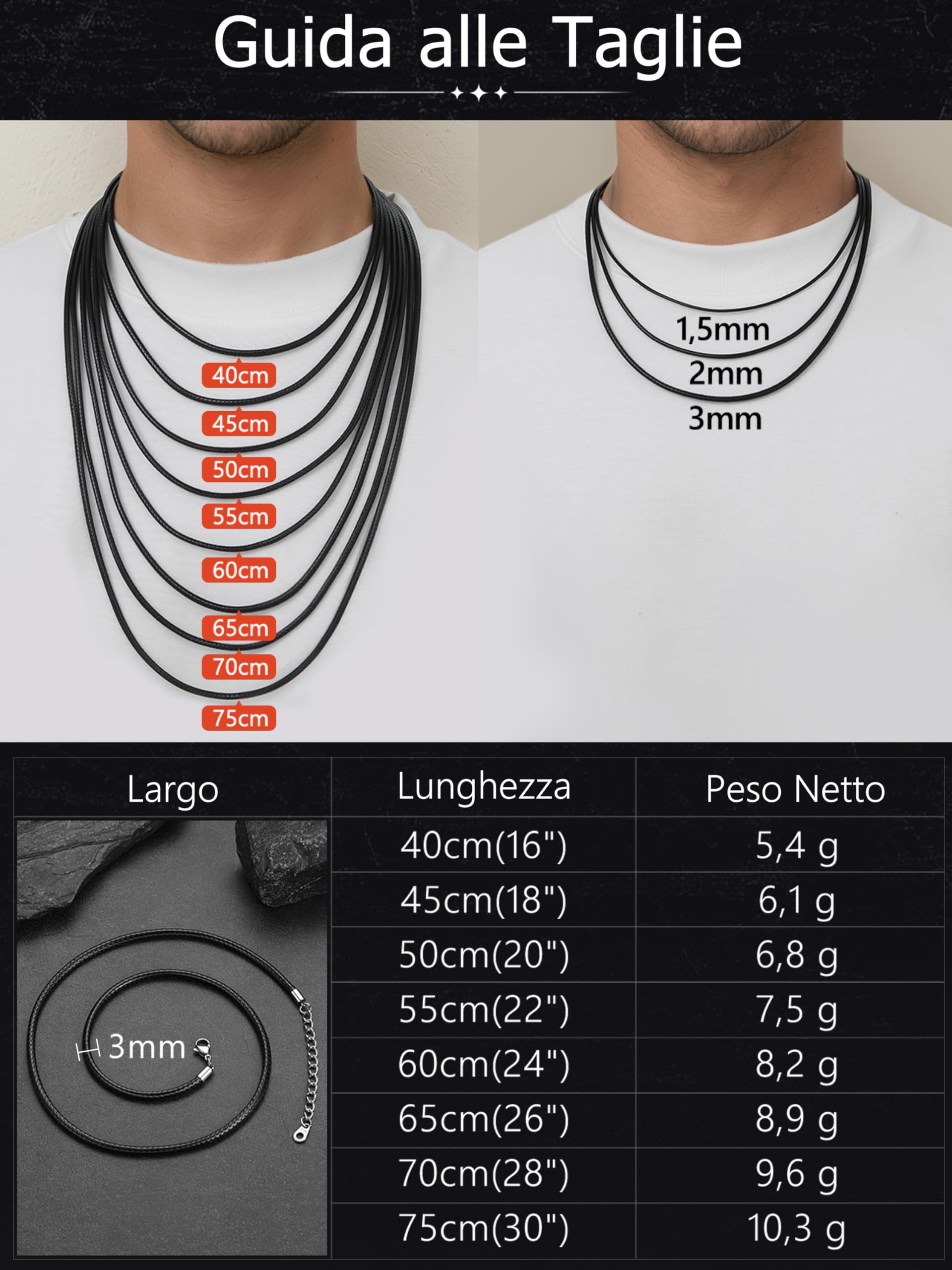 FaithHeart Catenina Uomo Cordino per Collane Larghezza 1.5/2/3MM Cordina in Cuoio Solido Accessori per Ciondolo Impermeabile Resistente al Sudore