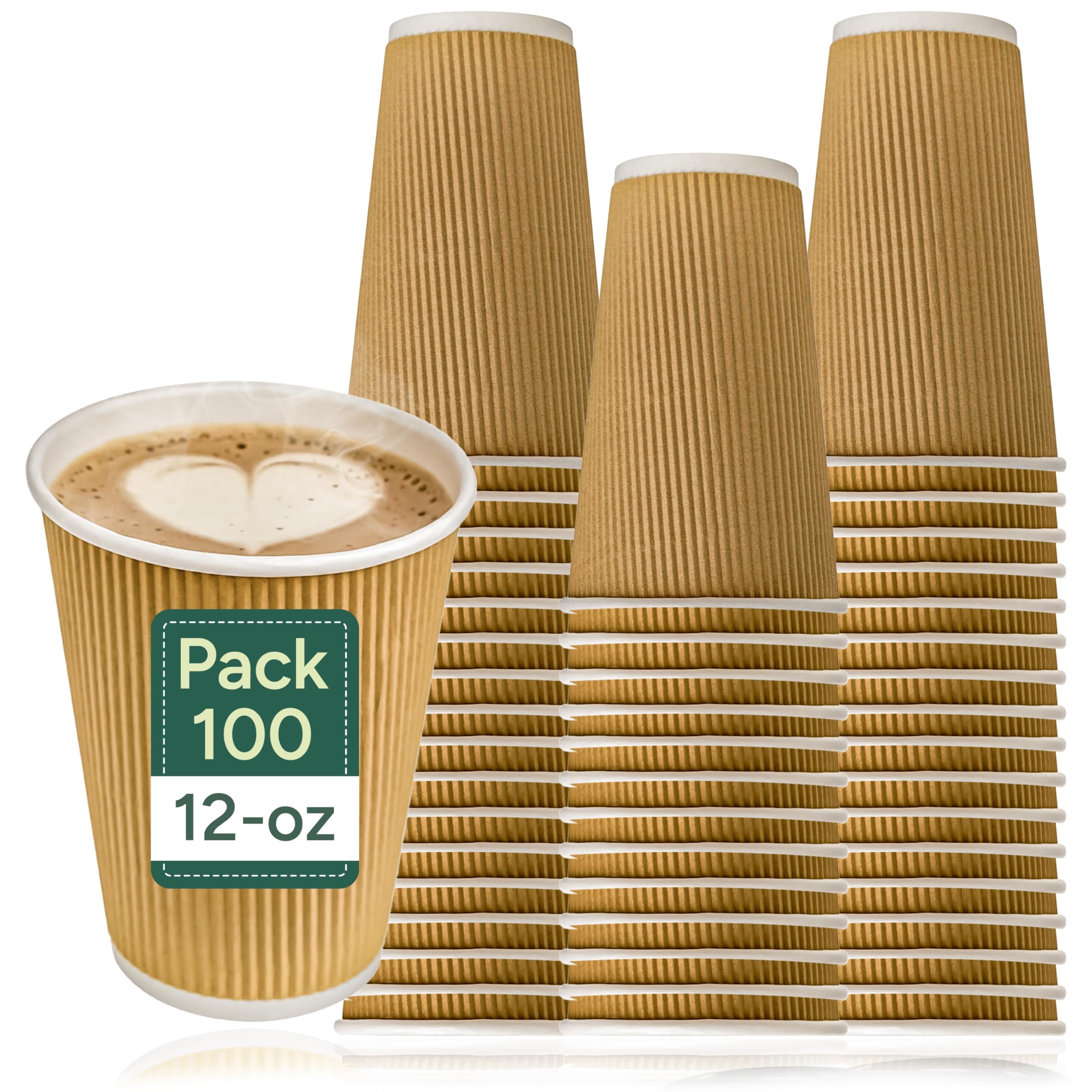 Zuvo 100 x Kraft 12 Ounce Ripple 3 Ply Disposable Insulated Paper Cups for Tea Coffee Cappuccino Hot Drinks, Brown