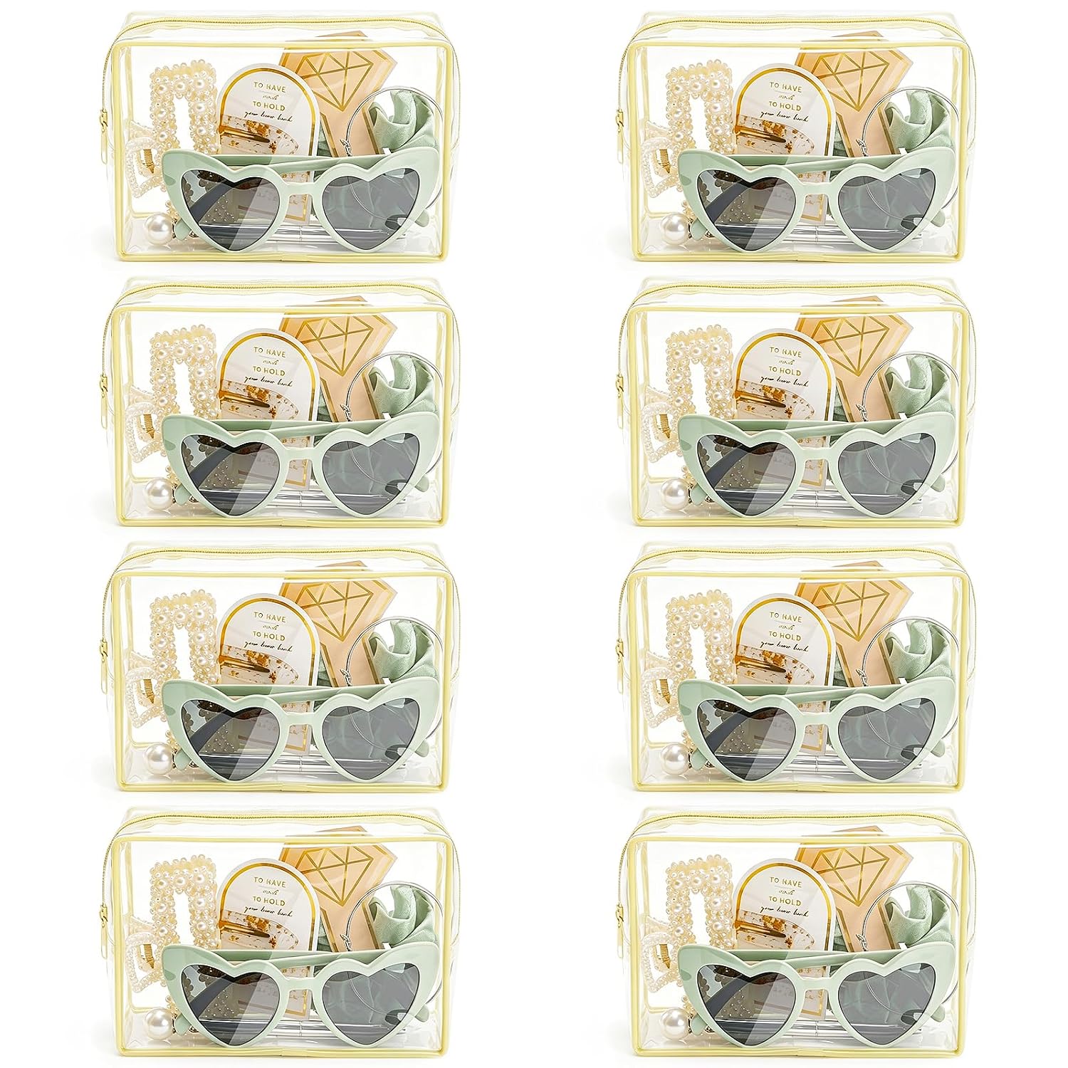 WARMALL Bridesmaid Proposal Bag Set of 8 Will You Be My Bridesmaid Gift, Clear Waterproof PVC Bag with Silk Scrunchie Bracelet Pen Eyeglass Hair Clip Claw Clip for Bridal Party Wedding（Green 56pcs)