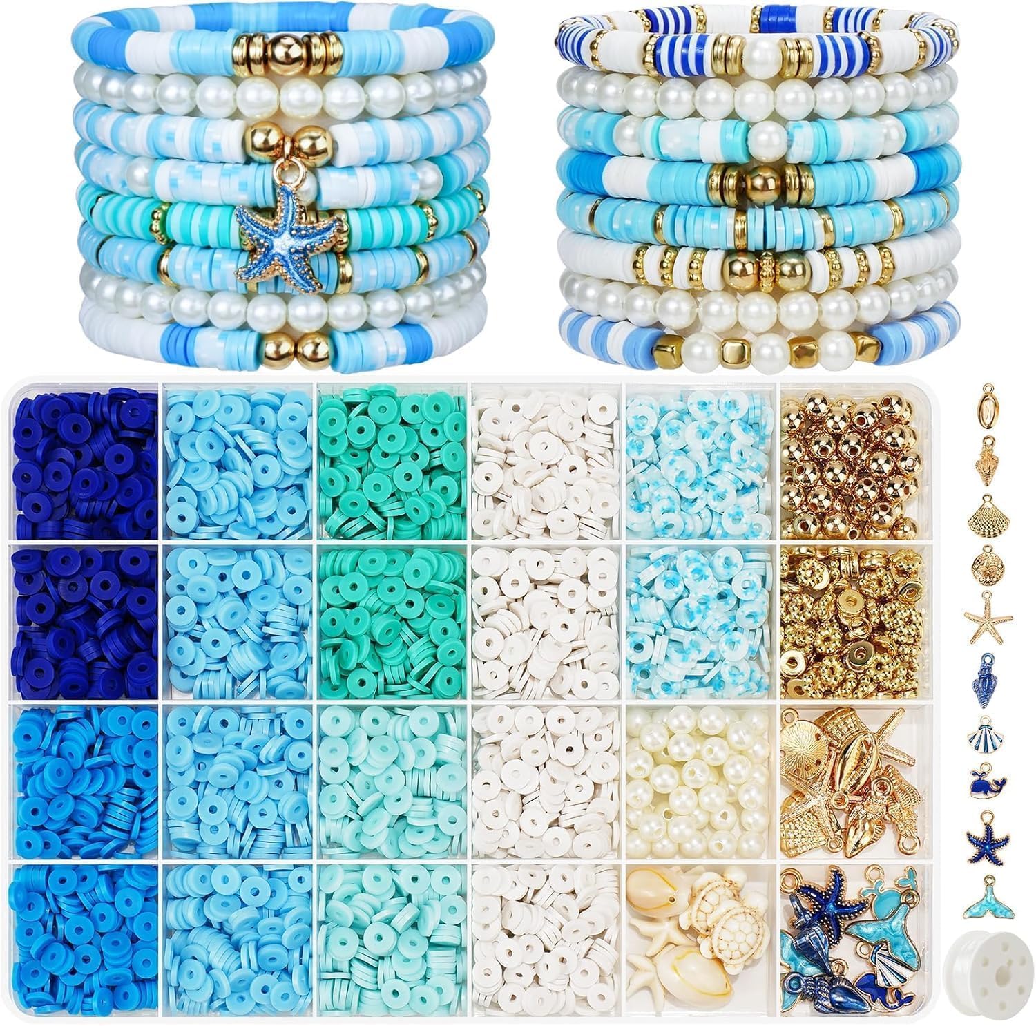 Gionlion Clay Beads for Bracelets, Blue Clay Beads Bracelet Making kit with Golden Pearl Beads for Jewelry Making, Beach Charms Bracelet Kit and Crafts DIY Gifts for Women Beach Fashion