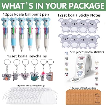 Anprola Koala Party Gift Set with Sticky Notes Ballpoint Pen Keychains Stickers Organza Bags and Card Tags for Koala Themed Birthday Party Supplies Decorations Stationary Rewards 12 Guests