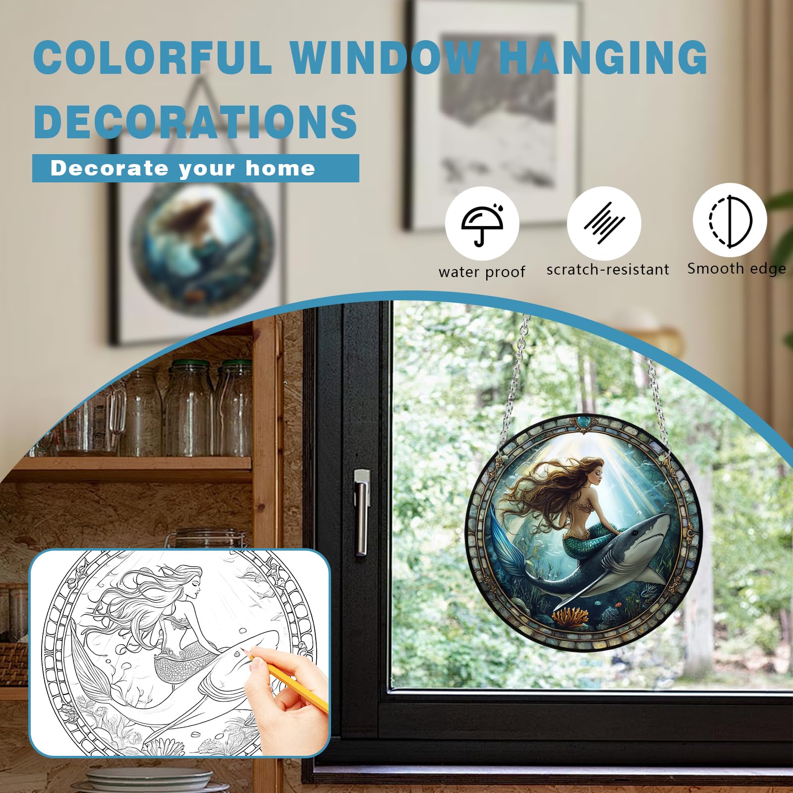 Xuoxeji Mermaid Stained Acrylic Window Hanging, 20cm/7.87in Mermaid Stain Acrylic Ornaments, Mermaid Gifts for Mermaid Lovers Women (Mermaid 20cm/7.8in) - Image 4