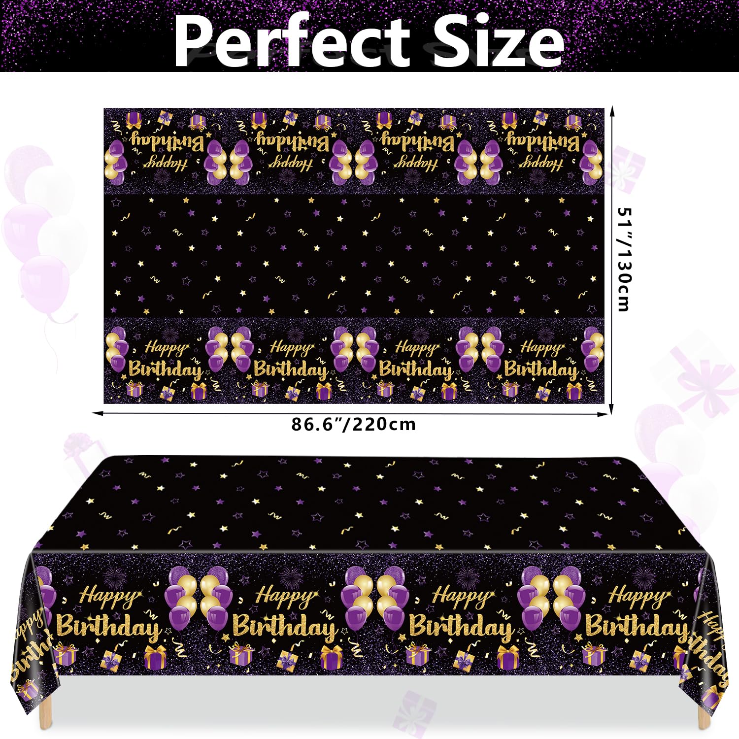 QUERICKY 4 Pack Black Purple Happy Birthday Tablecloths, 51x87'' Plastic Disposable Rectangle Purple Gold Birthday Party Table Covers for Women Girls Birthday Party Decorations Supplies