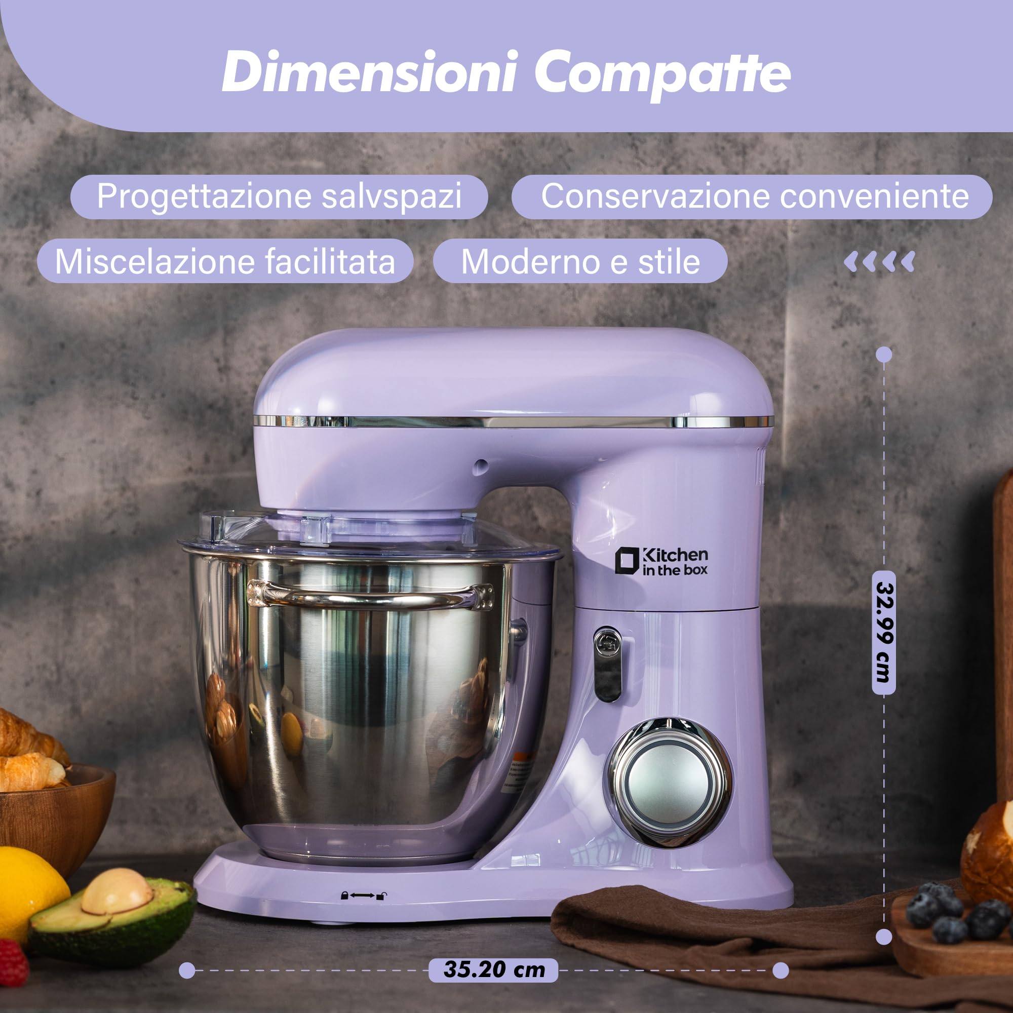 Kitchen in the box Impastatrice Planetaria, 6L Planetaria Professionale 1400W, 10 Velocità con Uncino Impastatore, Mescolatore e Frusta Sbattitrice (Viola)