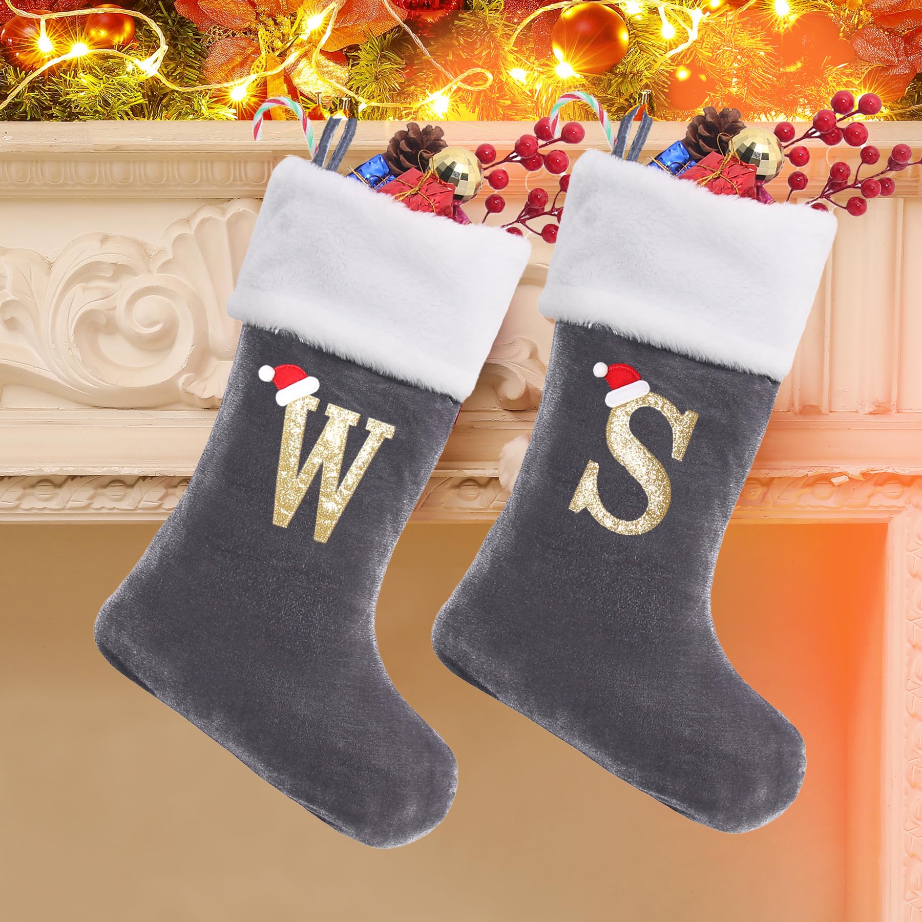 20 Inches Monogram Christmas Stockings with Letters, Large Super Soft Christmas Stockings Grey Velvet with White Super Soft Plush Cuff for Christmas Xmas Tree Holiday Fireplace Grey