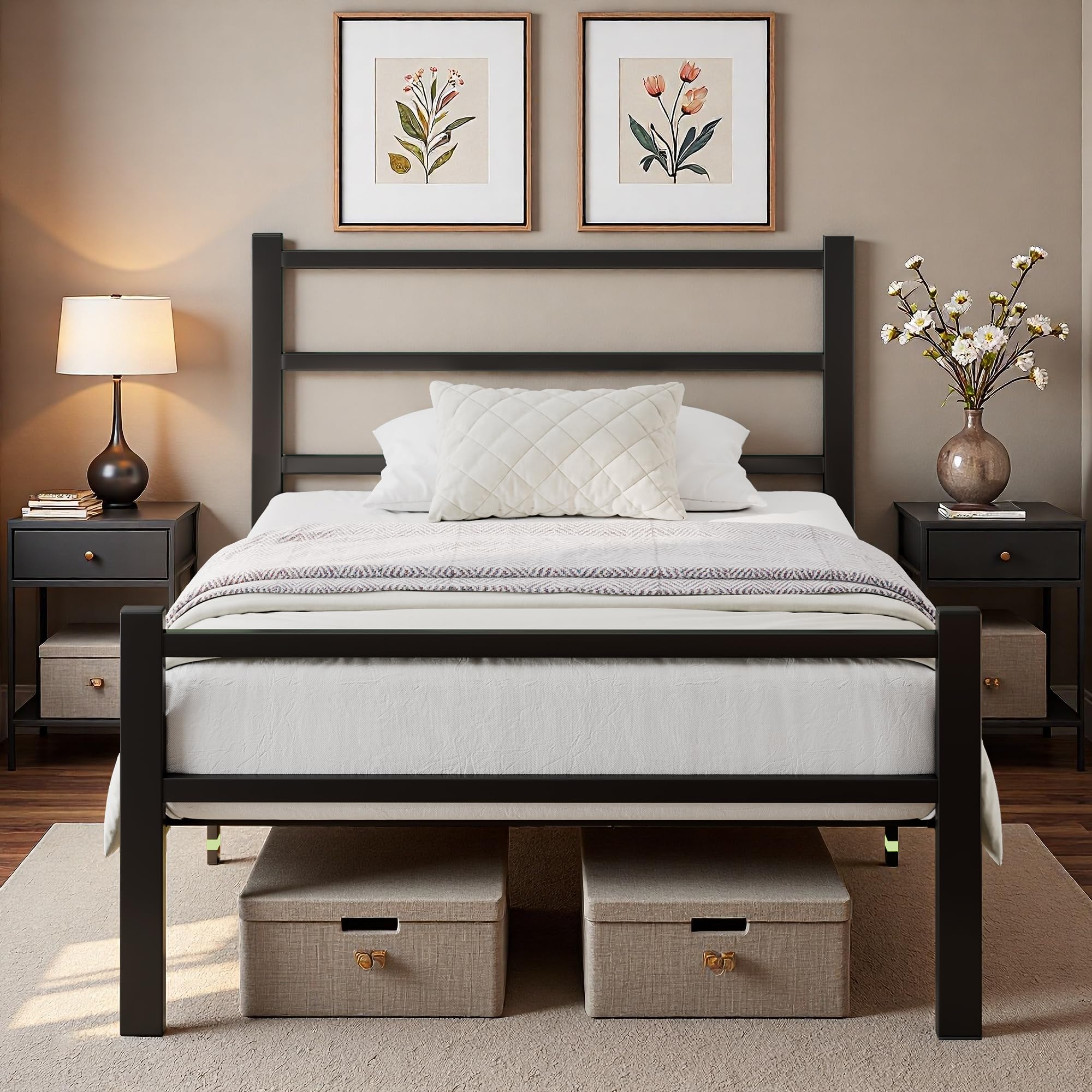 Feonase Single Bed Frame, Metal Platform Bed Frame, Single Beds Solid Bedstead Base with Headboard and Footboard, Sturdy Steel Construction, Under-bed Storage, Easy Assembly, Noise Free, Black