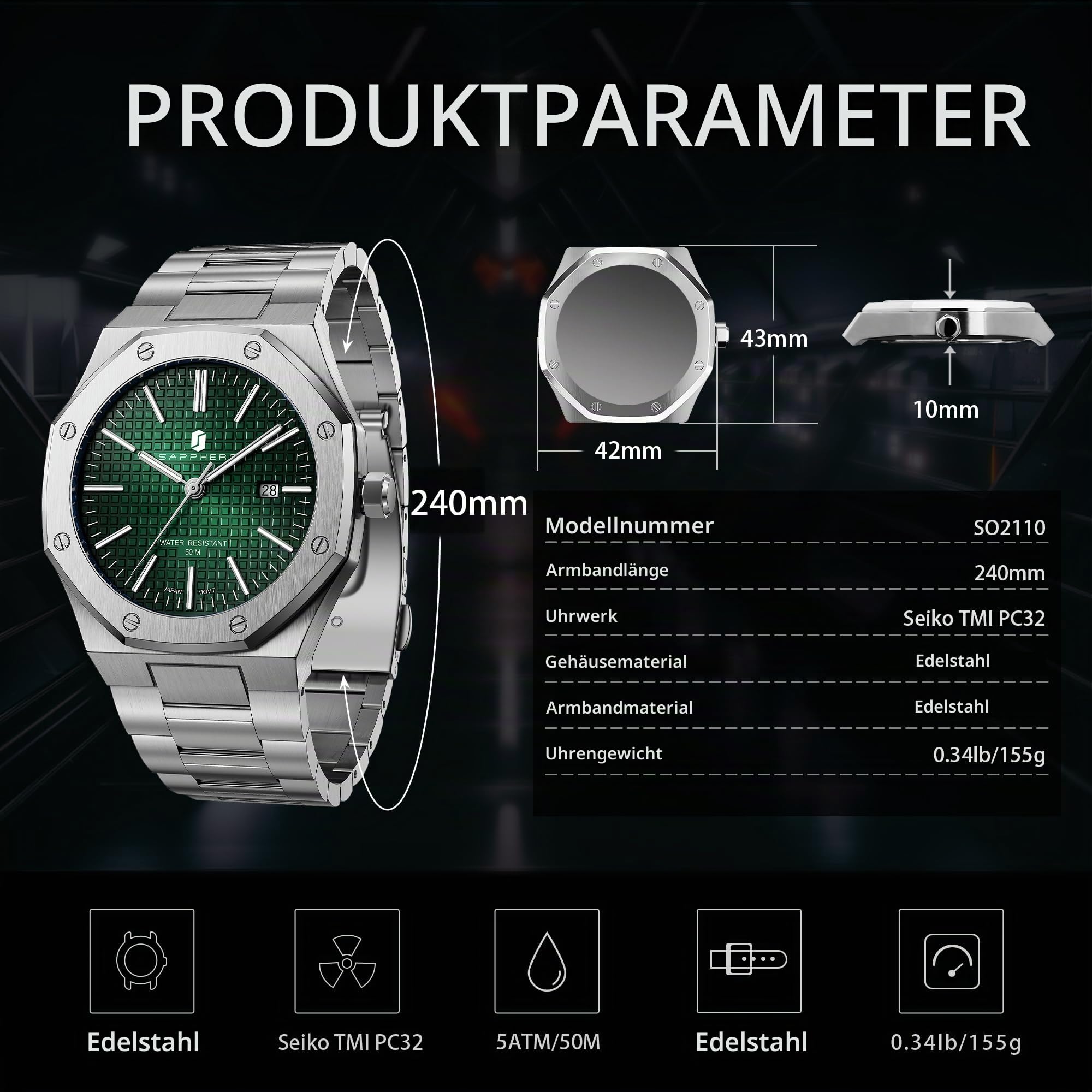 SAPPHERO Uhren Herren Quarzwerk Silber Edelstahl Armband 50M Wasserdicht Datum Kalender Schwarz Blau Herrenuhren Armbanduhr Geschenke für Männer