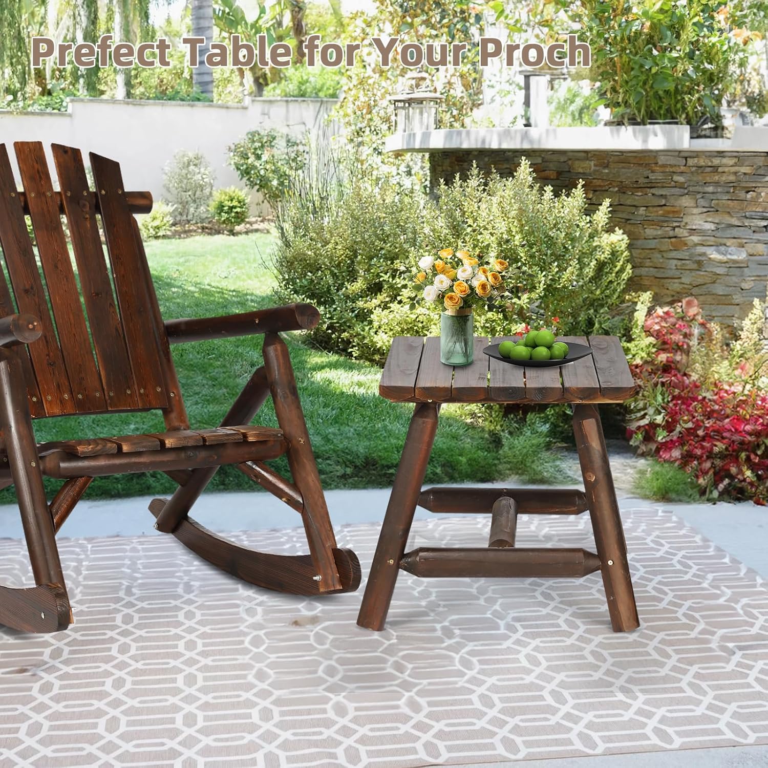 Outdoor Adirondack Log Side Table, 19.5" Thick Wooden Patio Square End Table with Slatted Tabletop, Solid Wood Rustic Accent Table for Indoor & Garden Deck Porch Balcony Backyard, Carbonized