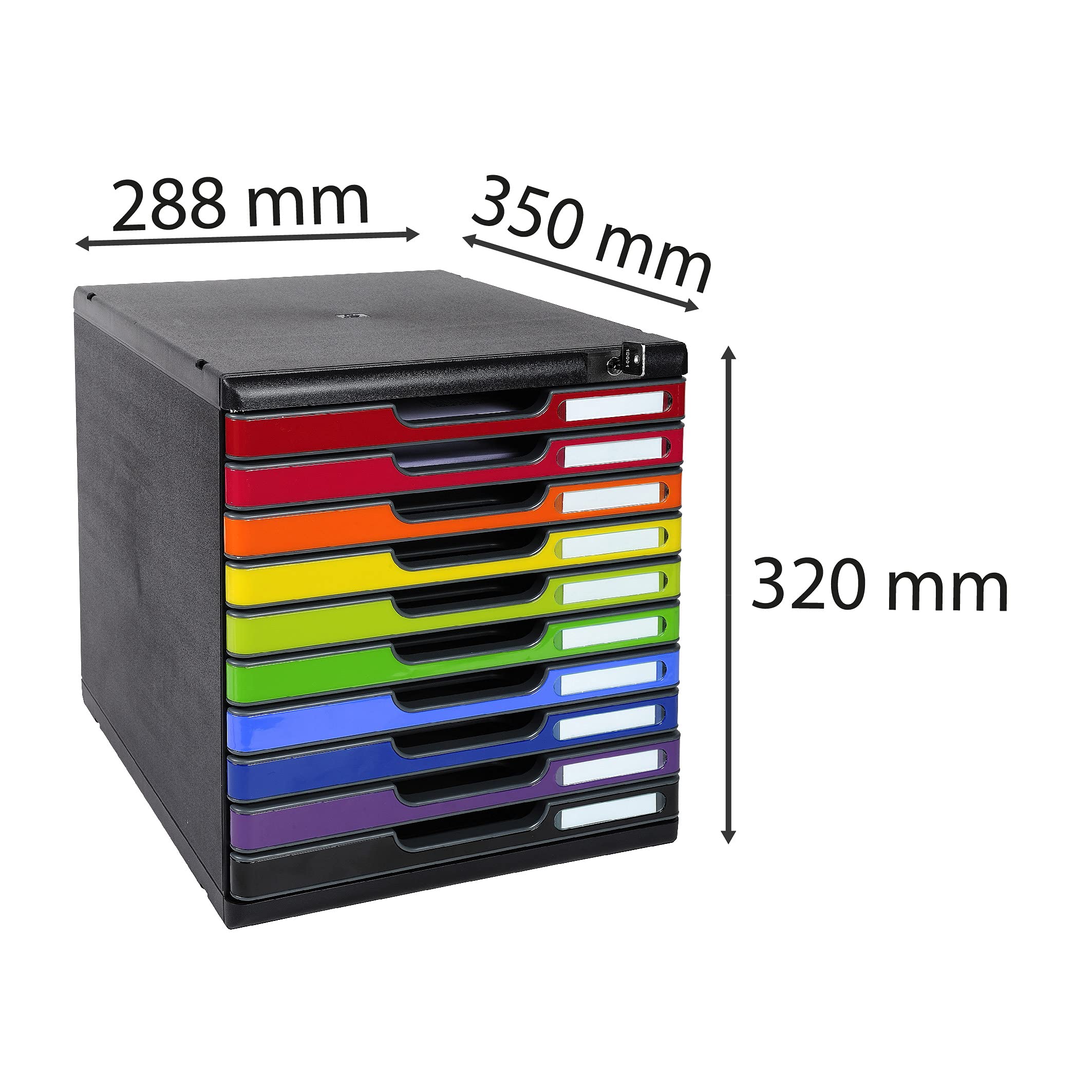 Exacompta 332798D Ablagebox Modulo mit 10 abschließbare Schubladen für DIN A4+ Dokumente. Belastbare Schubladenbox mit hoher Kapazität für mehr Platz auf dem Schreibtisch Blauer Engel schwarz/bunt