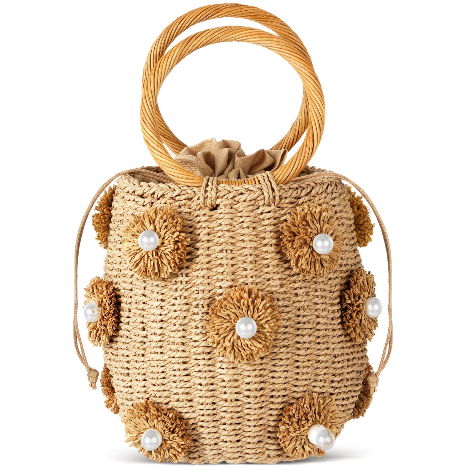 FriendaSummer Straw Bags for Women - Beach Drawstring Straw Bucket Tote Pearl Flower Diamond Rattan Handbag