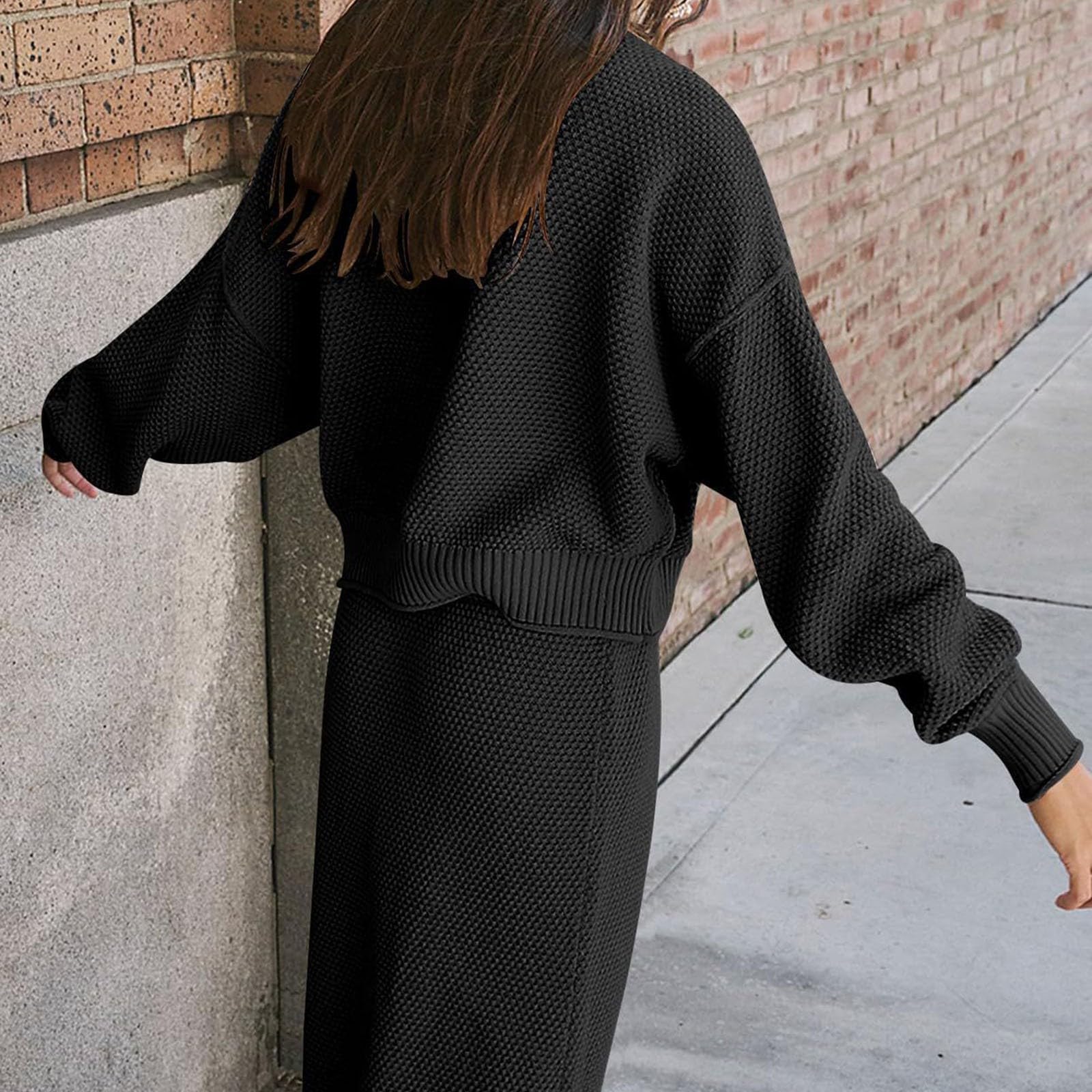 Set di gonna maglione da donna in 2 pezzi, di maglione a maniche lunghe con collo a lupetto, set di gonna lunga maxi in maglia