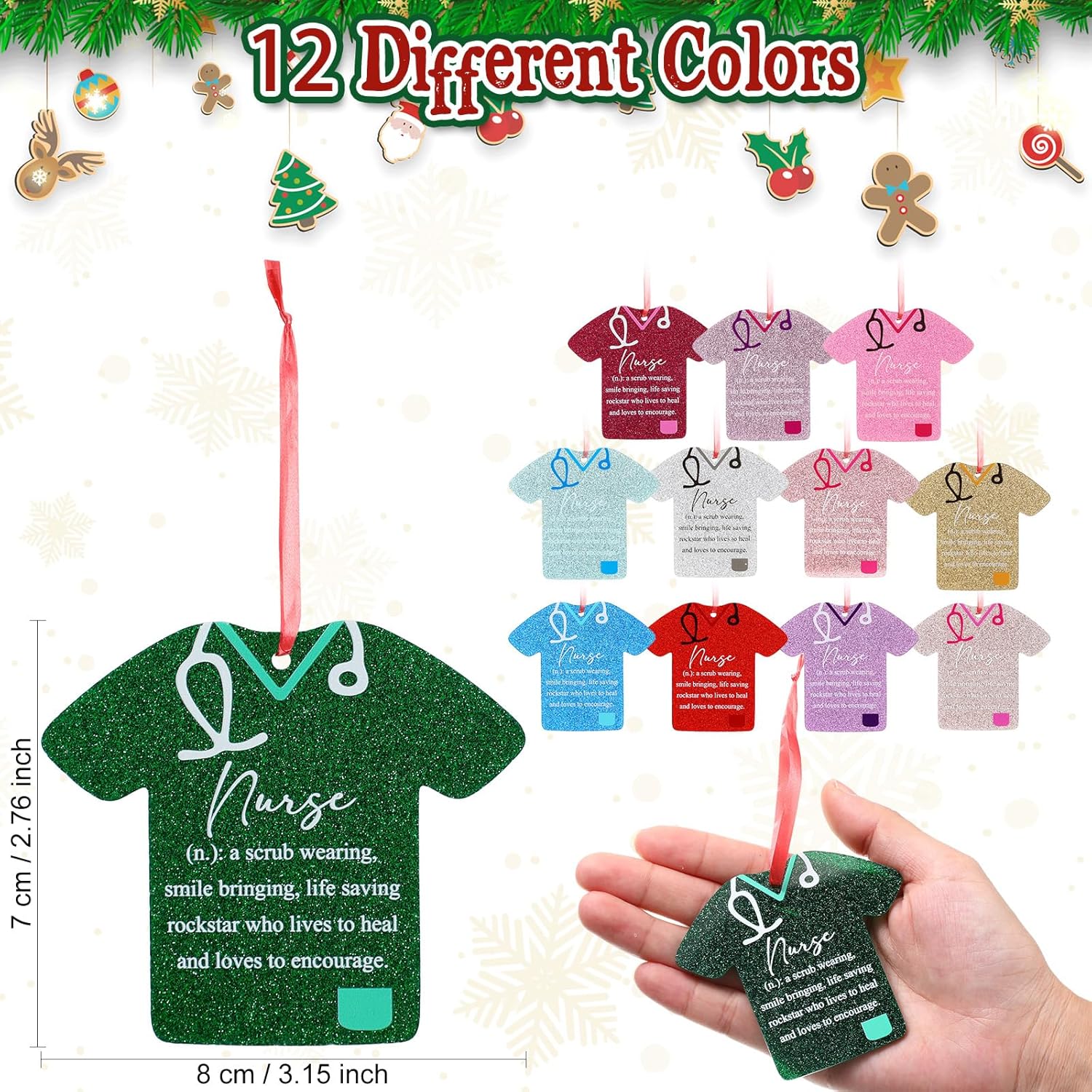 12 Pcs Nurse Christmas Ornament Nursing Christmas Tree Ornament with Hook and Ribbon Assorted Color Nurse Uniform Xmas Keepsake for Doctor Practitioner Health Worker Medical Appreciation Gift - Image 2