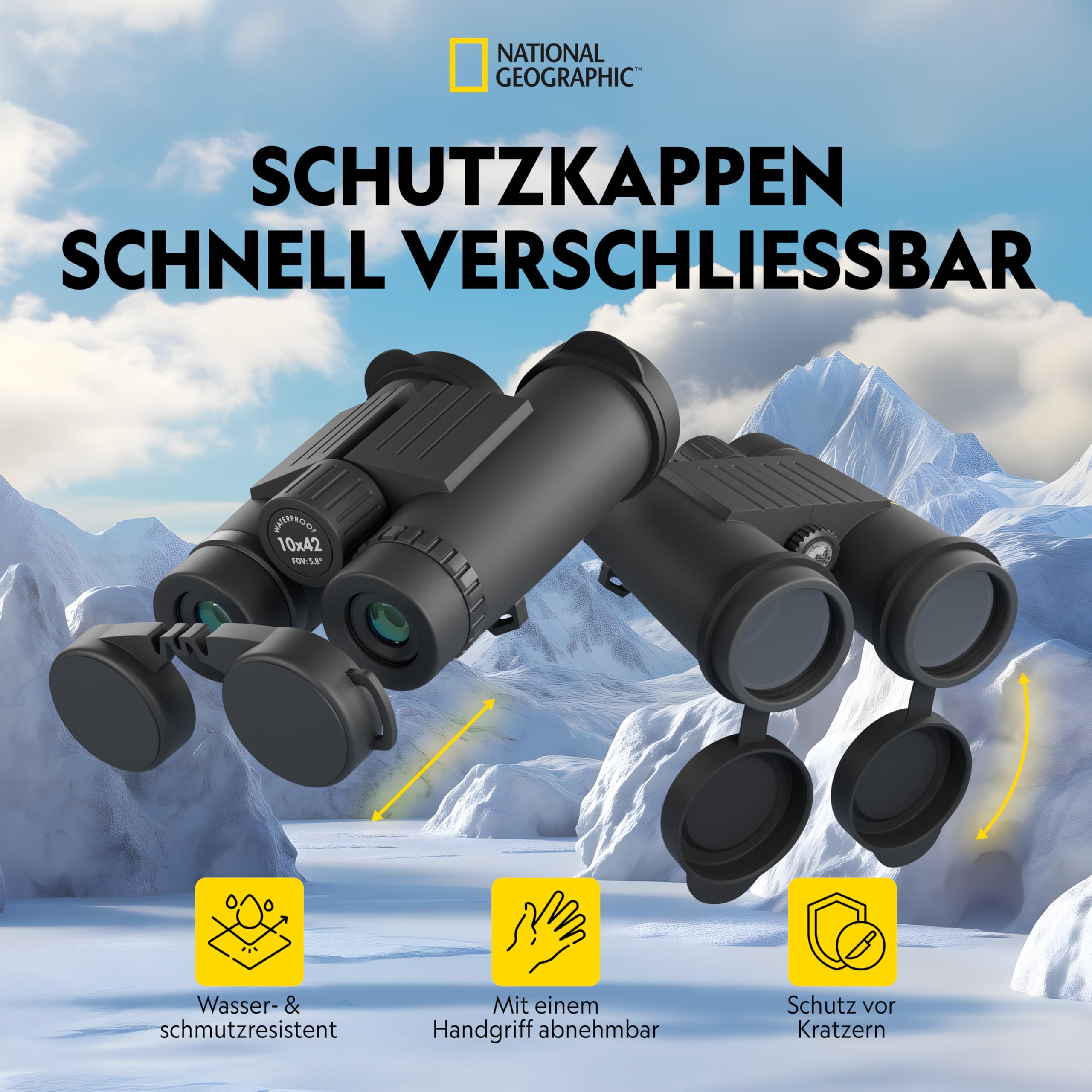 National Geographic Fernglas 10x42 Dachkant wasserdicht mit voller Mehrschichtvergütung, Mitteltriebfokussierung, Stativanschlussgewinde, Schwimmgurt und Tragetasche | 10 fache Vergrößerung, 101 m Sehfeld, für Brillenträger geeignet, volle Mehrschichtverg