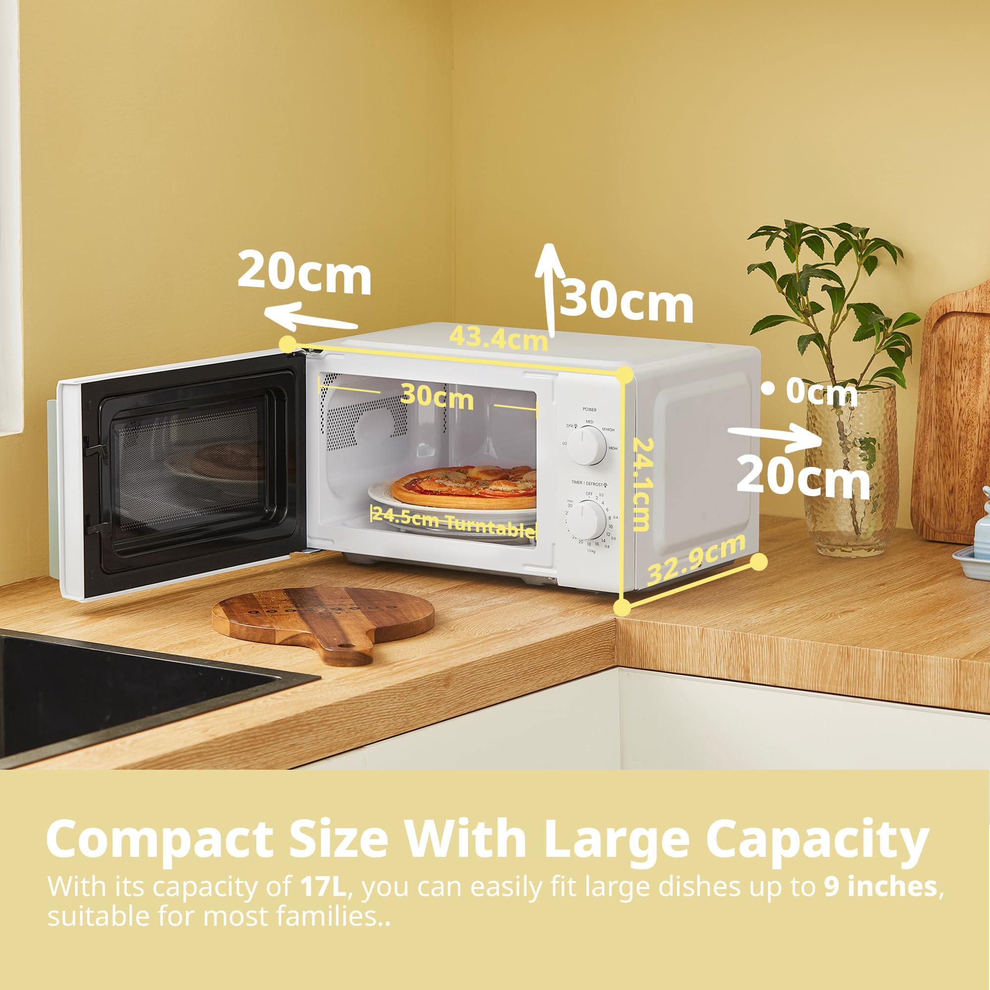 Comfee' - Mini forno a microonde da 700 W e 17 L bianco e salvia, design compatto, funzione InverTech e scongelamento rapido, 5 livelli di potenza di cottura con timer manuale di cottura