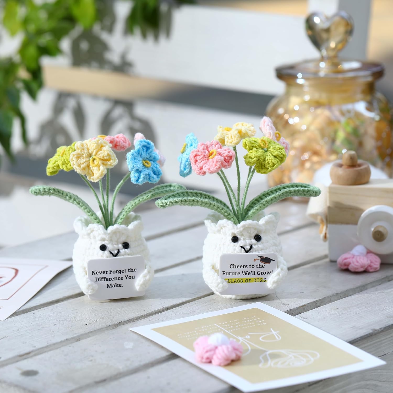 YOOJEE Forget-Me-Not Positive Crochet Flowers Plants Gift Handmade Desk Decor with Card “This is a Little Reminder” Appreciation Inspirational Gift for Coworkers Women Employee Teacher Best Friend Mom - Image 5