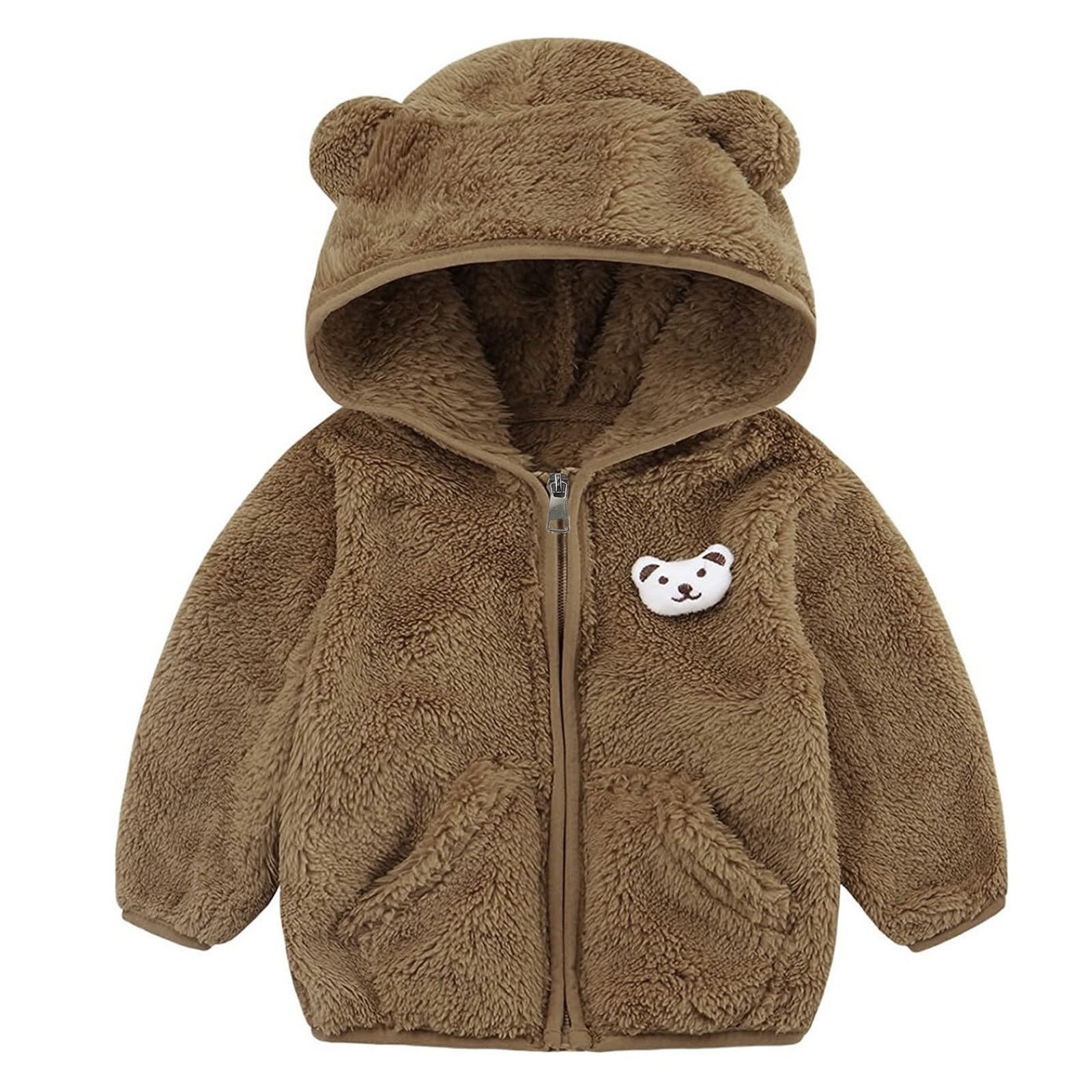 RNTOP Toddler Baby Boys Girls Fleece Jacket Clothes Zipper Winter Warm Coats Kids Hoodie Bear (Coffee, 18-24 Months)