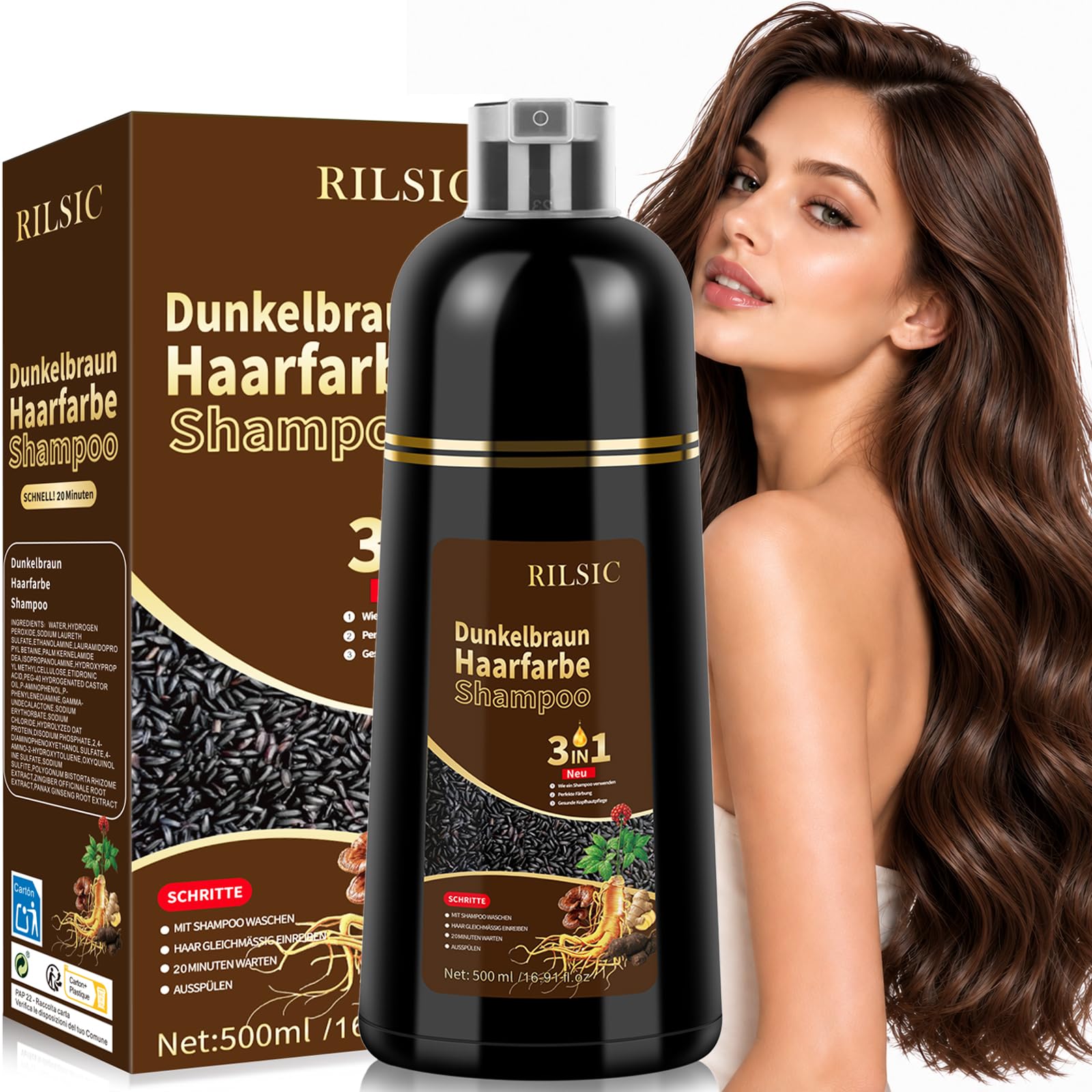 Haarfärbeshampoo - 500 ml Schwarzes Haarfärbemittel, Schwarze Hair Dye Shampoo 3 in 1 für graues Haar und Bart, Färbeshampoo für Männer und Frauen