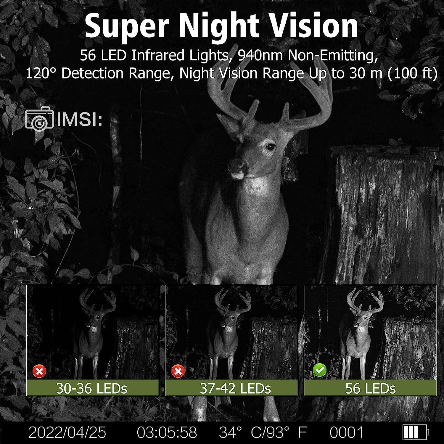 Night vision capability with 56 infrared LEDs and 100ft range