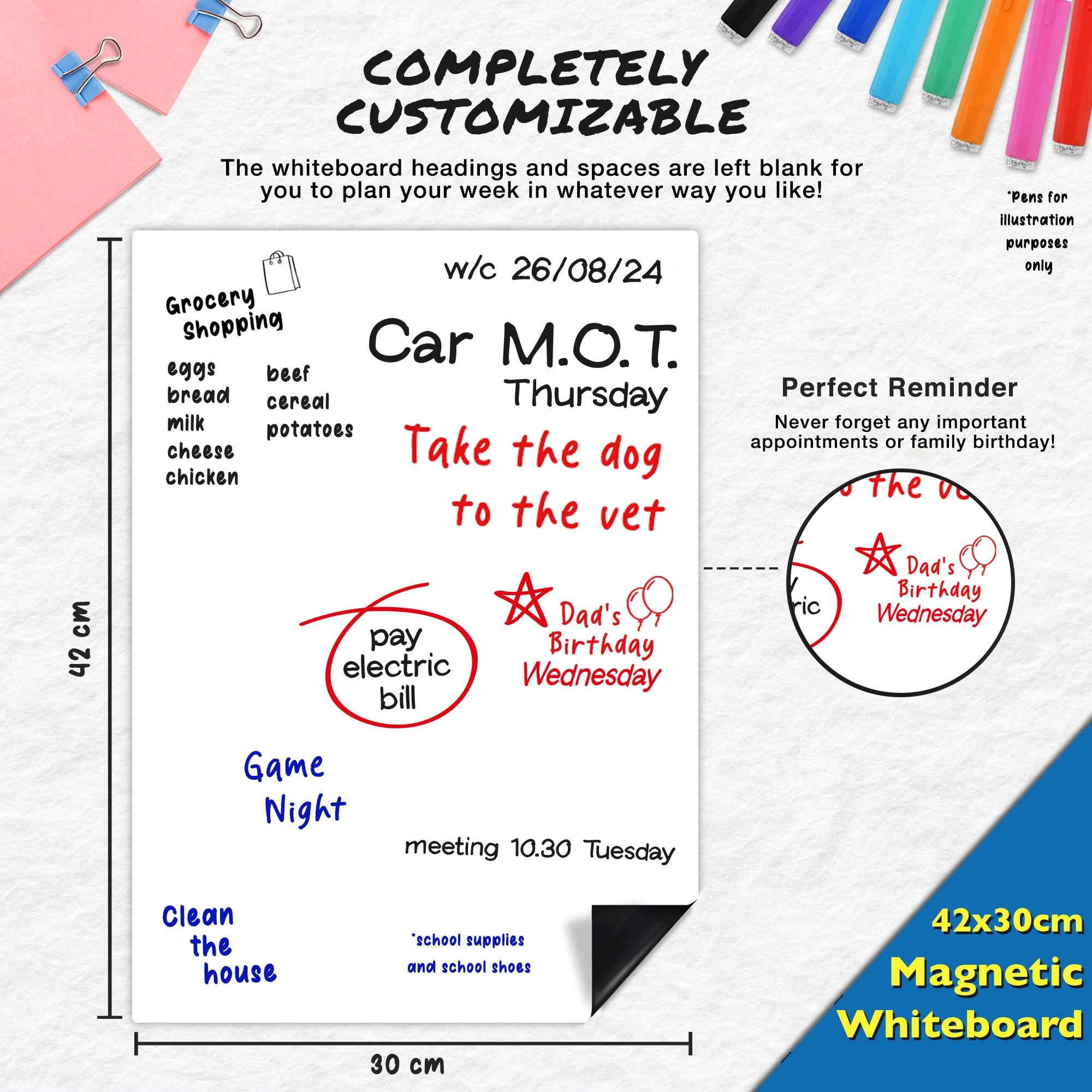 Magnetic Blank Fridge Whiteboard: 42x30cm with 4 Colourful Erasable Pens - Image 4