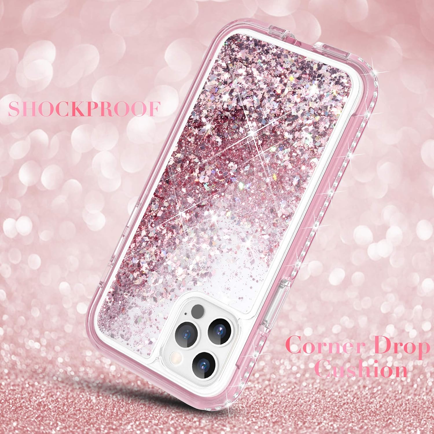 Caka iPhone 12 12 Pro Case Glitter Liquid Full Body Case with Built in Screen Protector Bling Rhinestone Diamond for Girls Women Girly Protective Case for iPhone 12 iPhone 12 Pro 6.1 inches (Pink)