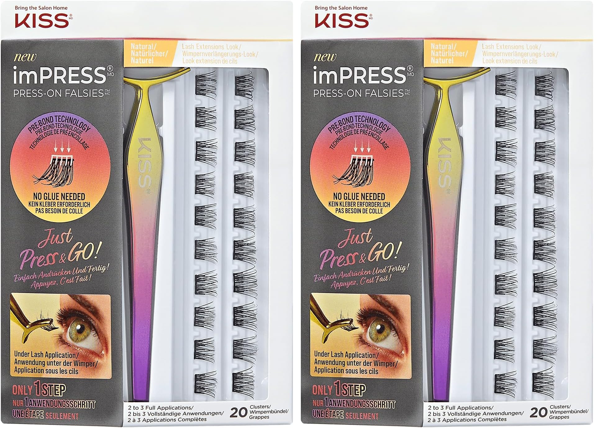 KISS imPRESS Falsies Press On Lashes "Natural" Selbstklebende Wimpern 1-Step, Glam Volume, Schwarz, Kein Kleber erforderlich, Wimpernverlängerung DIY, 20 Wimpernbüschel & Applikator (Packung mit 2)