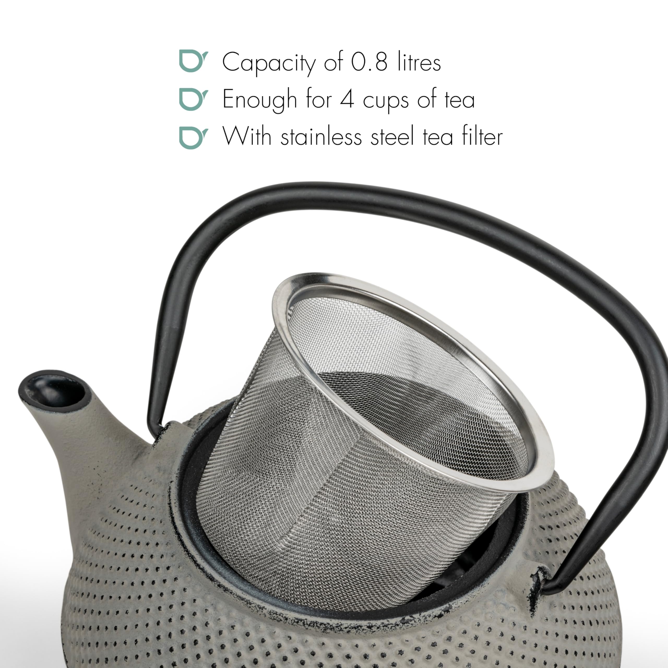 Bredemeijer Pequeña tetera Asia de hierro fundido para inducción, 0,8 litros, color gris esmaltado con filtro de acero inoxidable