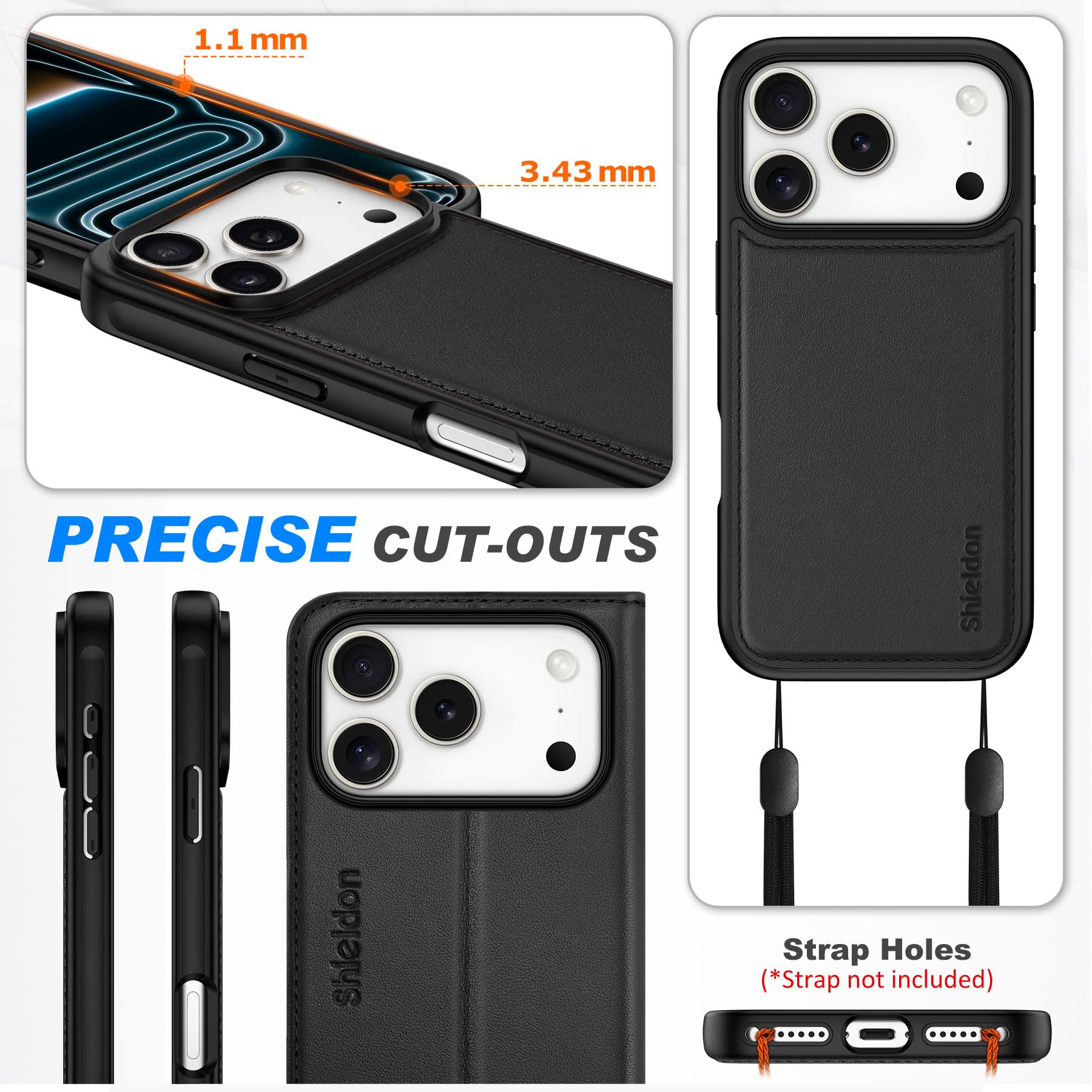 SHIELDON Hülle für iPhone 17 Pro 6,3" 2025, Echtleder Handyhülle [Abnehmbar] [Kabelloses Laden] [3 Kartenfach] [Ständer] [RFID Blocker] [Handy-Ösen] 2 IN 1 Magnet Klapphülle - Schwarz