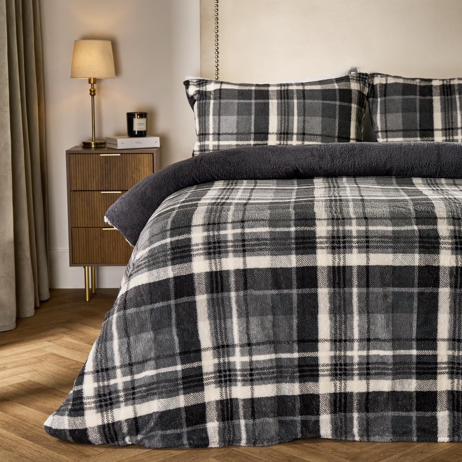 Ohs Charcoal Grey Teddy Fleece Double Duvet Set, Super Soft Warm Thermal Teddy Bear Bedding Classic Tartan Check Fluffy Cosy Double Bedding Set With Pillowcases,