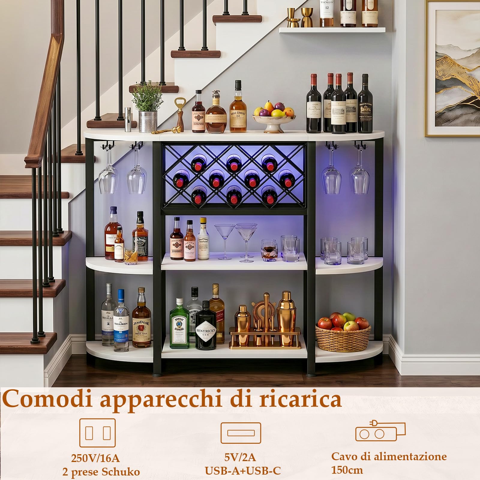 Homieasy Mobile Bar con LED, Prese e Portabottiglie | In Legno e Metallo, 120x40x91cm, Per Soggiorno e Cucina