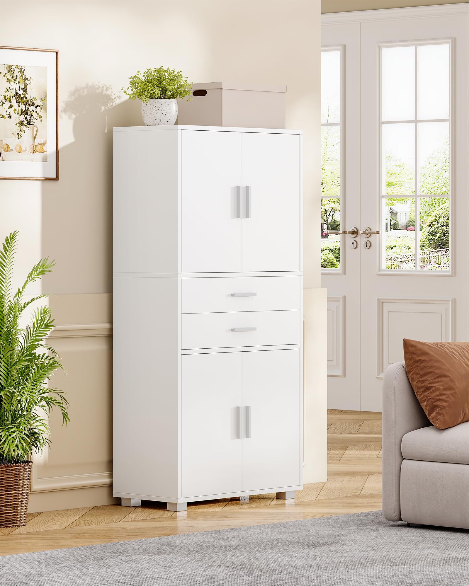 Hzuaneri Meuble Salle de Bain, Armoire sur Pied Haute avec Étagère Réglable, Meuble de Rangement avec 4 Tiroirs et 2 Portes, Commode, pour Salon, Salle de Bain, 30 x 60 x 125,5 cm Blanc SC60003X
