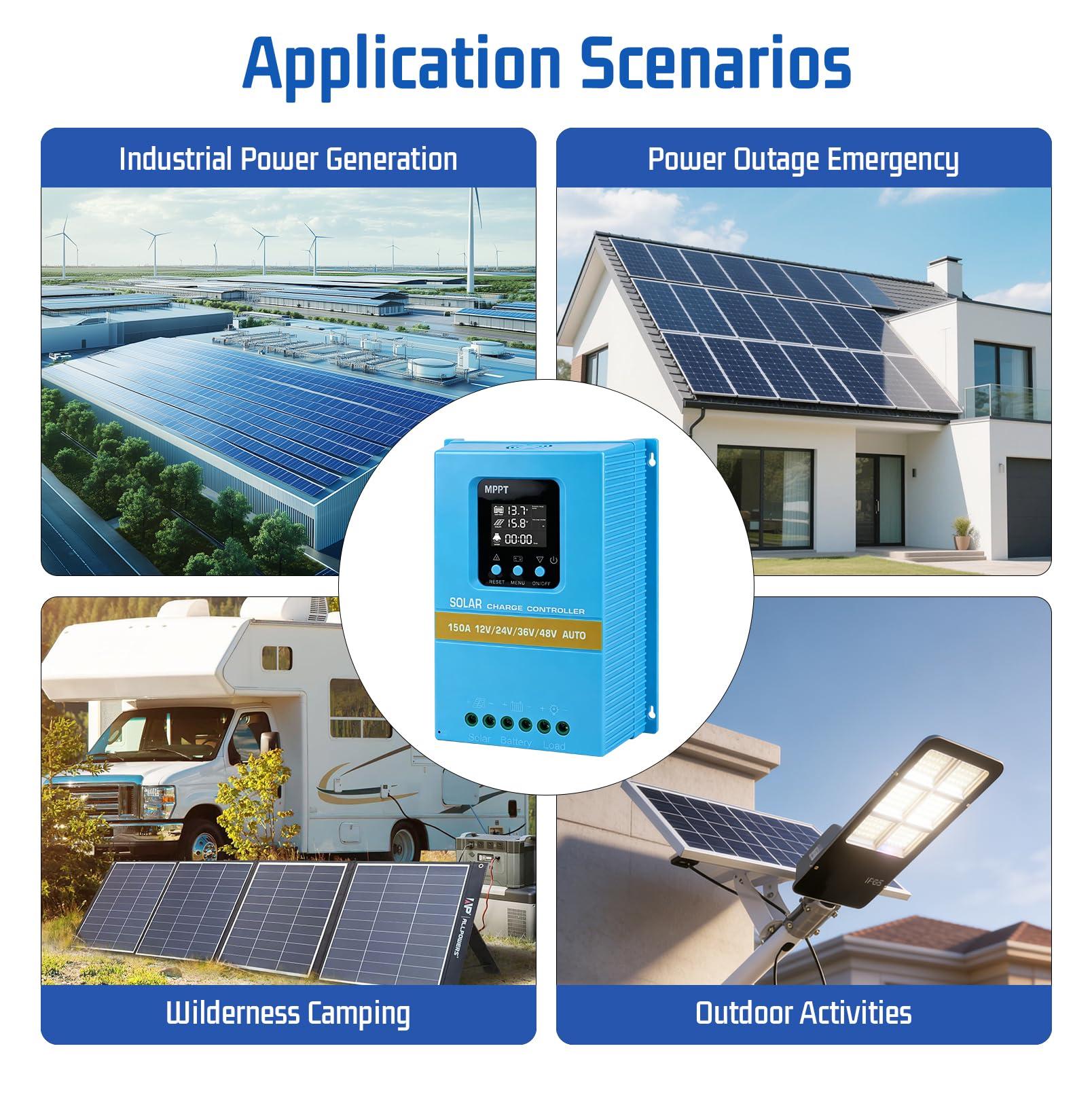 Regolatore di carica 150 A, regolatore di carica solare, 12 V, 24 V, 36 V, 48 V, regolatore di carica solare con display LCD e doppia USB, Max PV 100 V, ingresso per batteria al piombo acido/litio