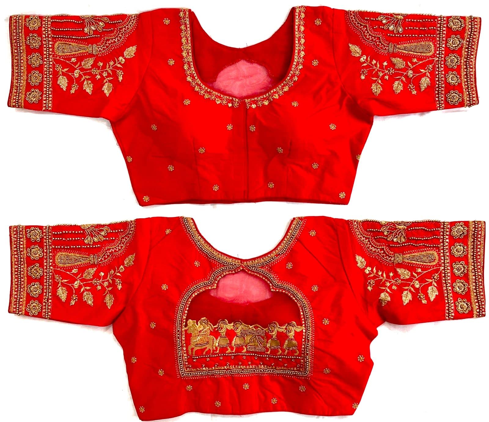 pujia mills Women's Golden Zari Embroidery Work with Heavy Maggam Work Multicolor Blouse(Ruby)-picture-37