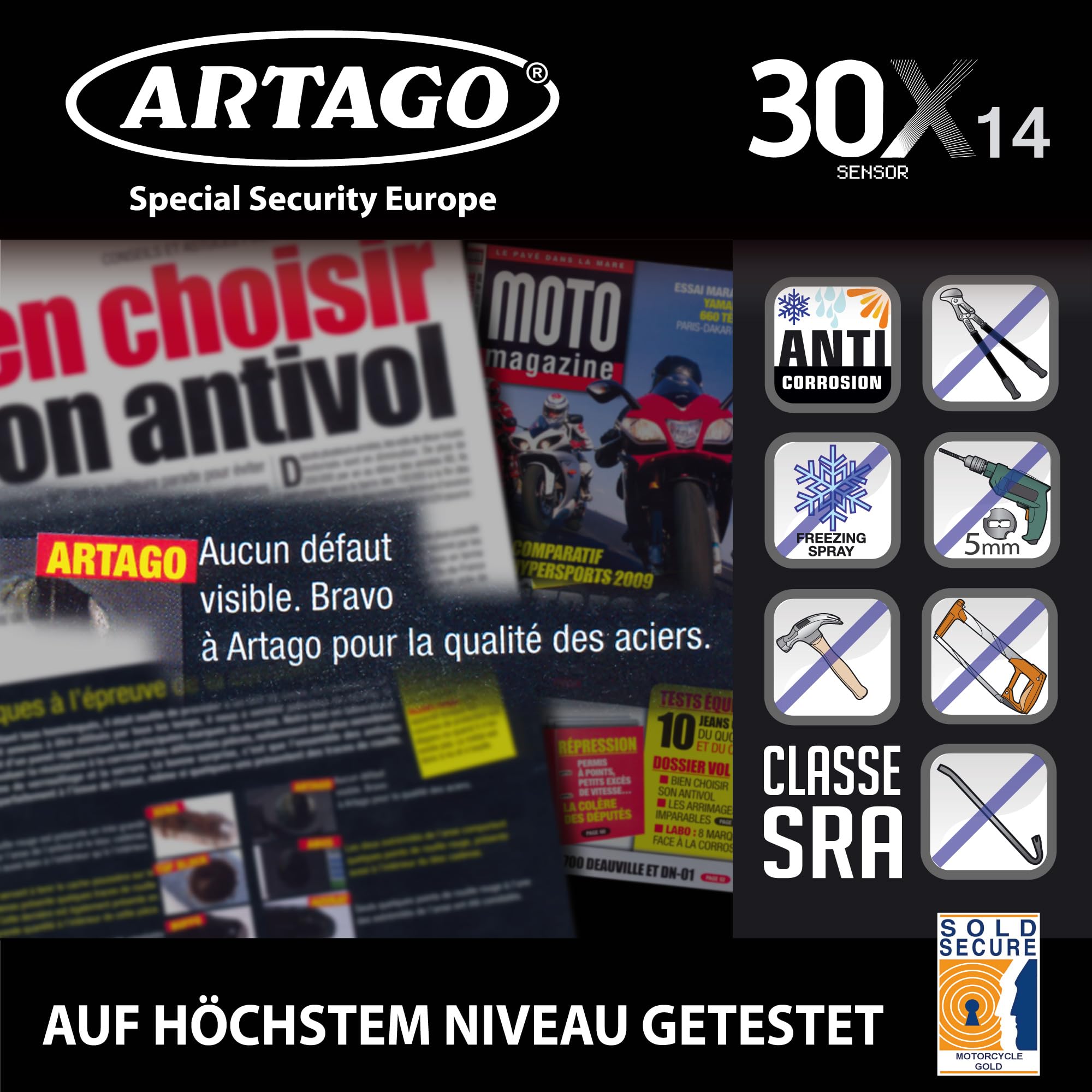 Artago 30X14 Motorradschloss Bremsscheibenschloss Alarm Don't Touch 120 dB hochwertig, ø14 Doppelverriegelung, Sold Secure Gold SRA homologiert, Bunker Selection, Schwarz/Gelb, 14 mm