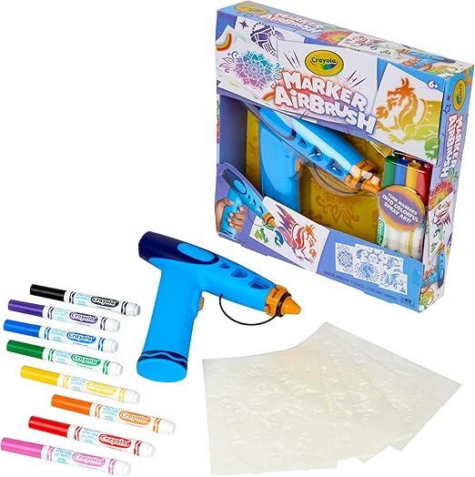 Crayola Marker Airbrush Spray Art Kit, Battery-Powered Sprayer with 8 Washable Markers & 5 Stencils, Holiday for Kids, DIY Craft Set, Ages 6+