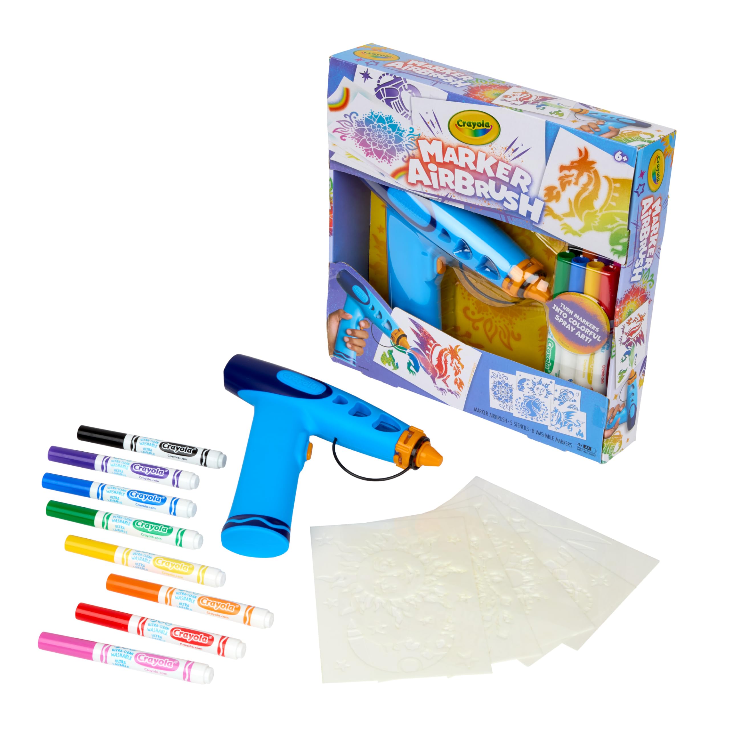 CrayolaMarker Airbrush Spray Art Kit, Battery-Powered Sprayer with 8 Washable Markers & 5 Stencils, Holiday for Kids, DIY Craft Set, Ages 6+