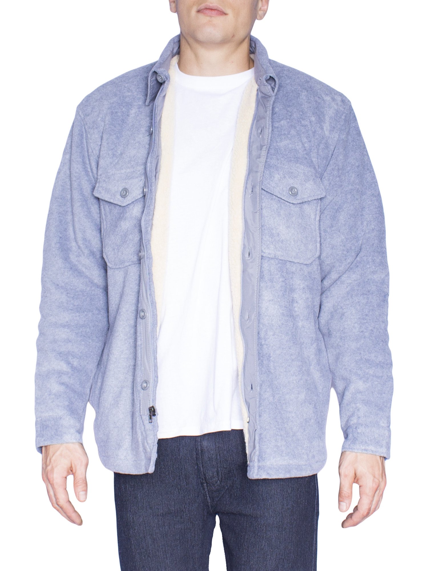 Mens Sherpa Bonded Polar Plaid Fleece Jacket (Medium, Grey)