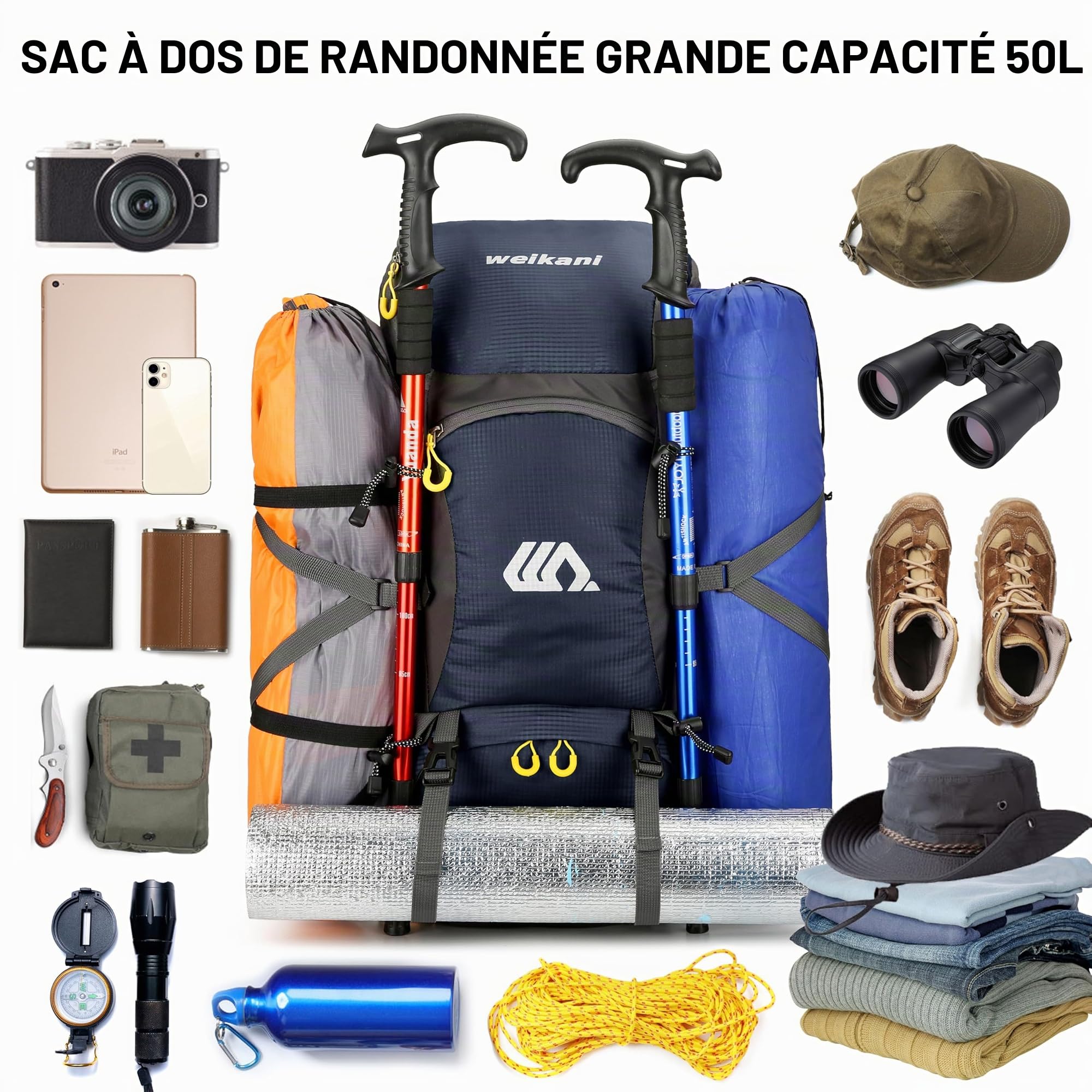 Sac à Dos de Randonnée 50 L, Imperméable Sac de Trekking avec Housse de Pluie, Sac à Dos Grande Capacité Multifonction pour pour Homme Femme Alpinisme Escalade Trekking Voyage Camping