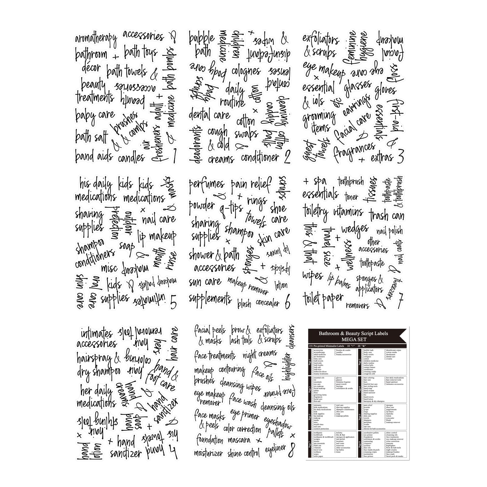MeiyiZheng 189 Pcs Bathroom Organization Labels Waterproof Black Script Preprinted Tear-Resistant Organization Labels for Storage Bins Bathroom Containers Hand Soap Labels Bottles Makeup Organizer