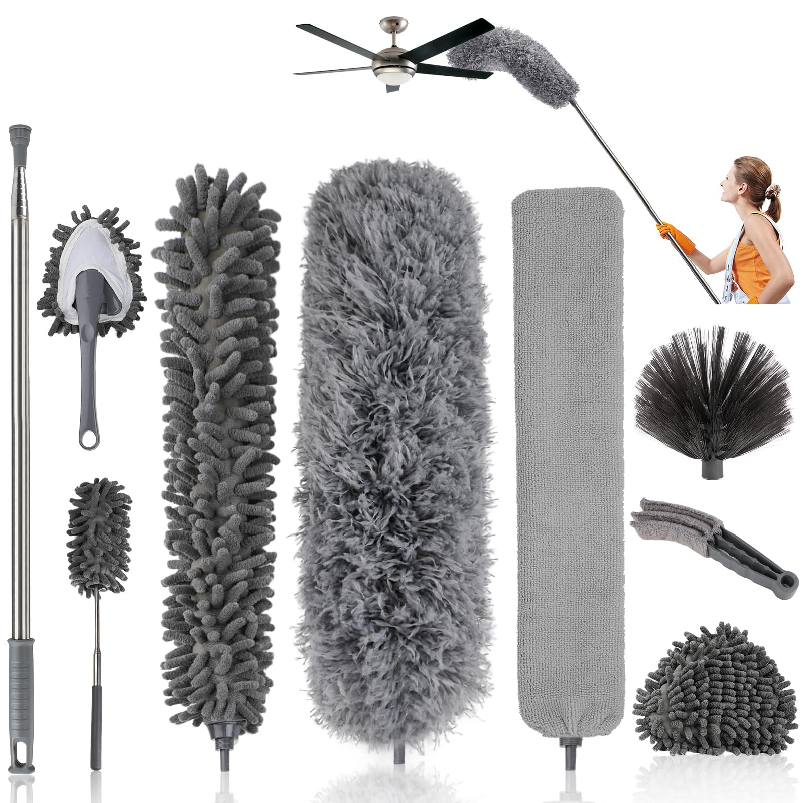 9PCS Feather Duster, Microfiber Duster Cleaning Kit with Telescoping Extension, Reusable Bendable Dusters, Washable Lightweight Dusters for Cleaning Cobwebs Ceilings Fans