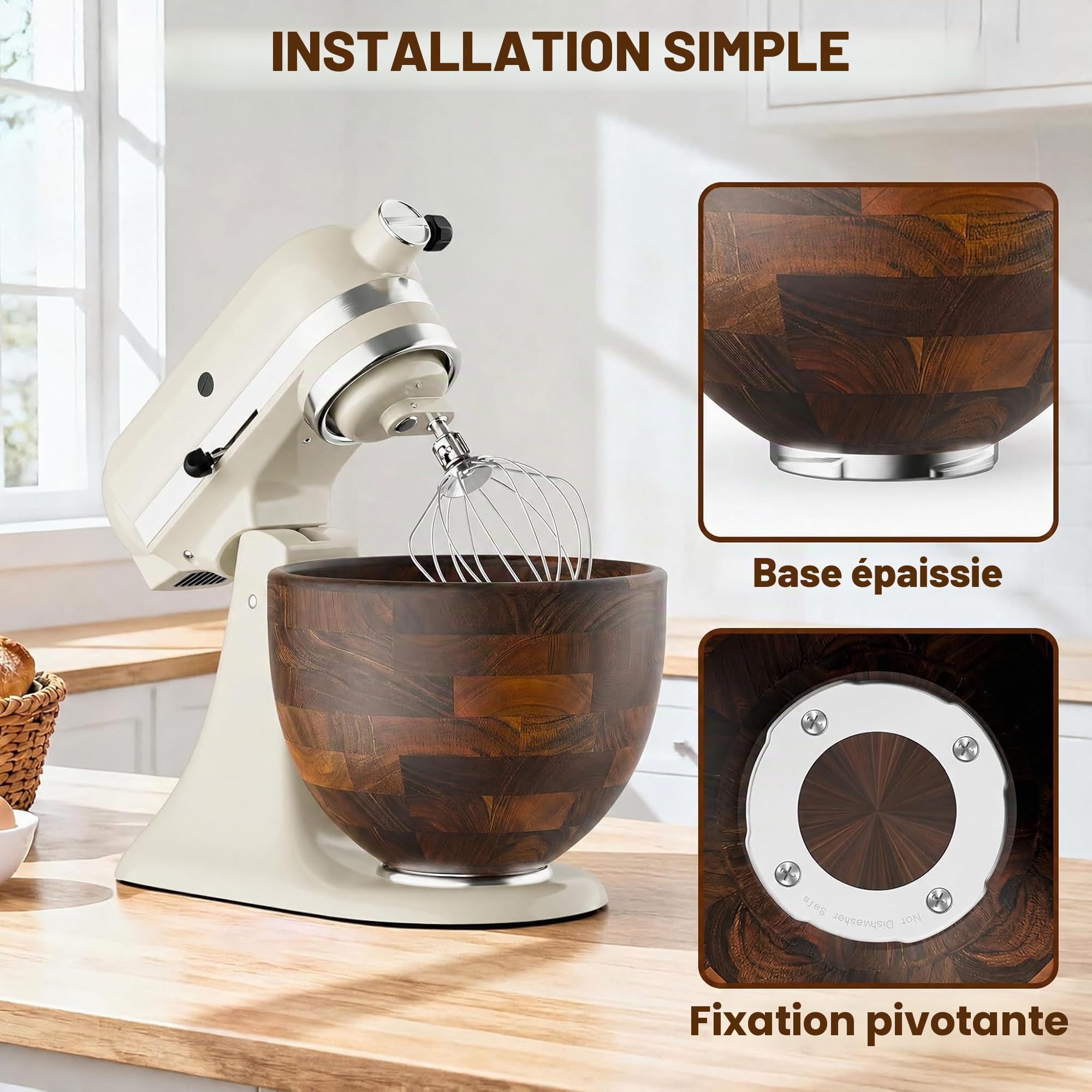 Cofun Bol en Bois Premium pour KitchenAid, 4.8L pour Batteurs sur Socle à Tête Inclinable 4.3L, 4.7L/4.8L, Bol en Acacia Naturel avec Base Inox, Accessoire de Qualité pour KitchenAid